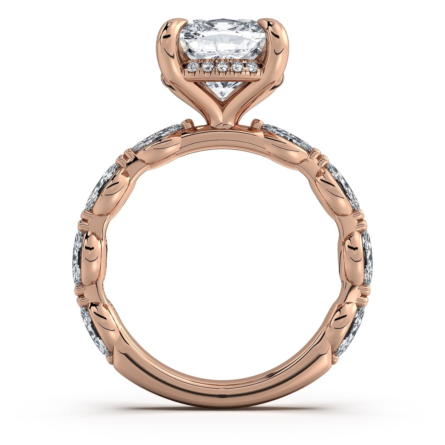 Rose Gold Cushion Diamond Engagement Ring with Marquise Side Stone Band Profile View | Waco Diamonds Is Located In Waco, TX | Central Texas' #1 Engagement Ring Store With Lifetime Warranty