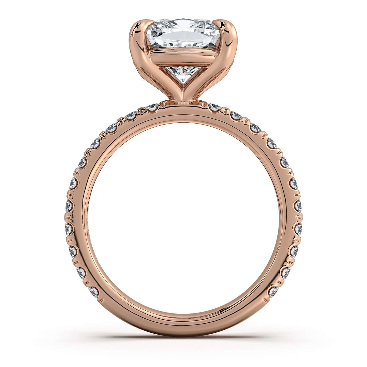 Rose Gold Cushion Diamond Engagement Ring with Pave Band Profile View | Waco Diamonds Is Located In Waco, TX | Central Texas' #1 Engagement Ring Store With Lifetime Warranty