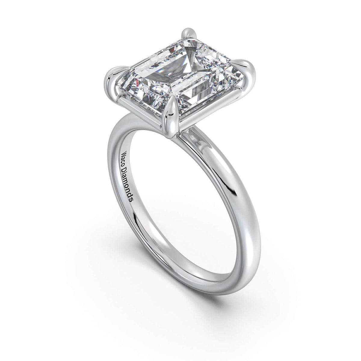 White Gold Emerald Diamond Engagement Ring with Solitaire Band Side Profile | Waco Diamonds Is Located In Waco, TX | Central Texas' #1 Engagement Ring Store With Lifetime Warranty