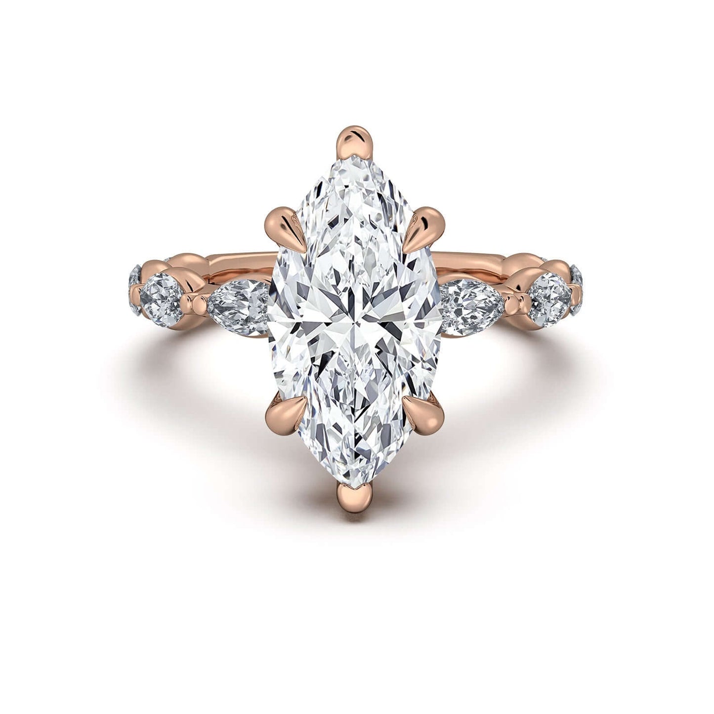 Rose Gold Marquise Diamond Engagement Ring with Marquise Side Stone Band | Waco Diamonds Is Located In Waco, TX | Central Texas' #1 Engagement Ring Store With Lifetime Warranty