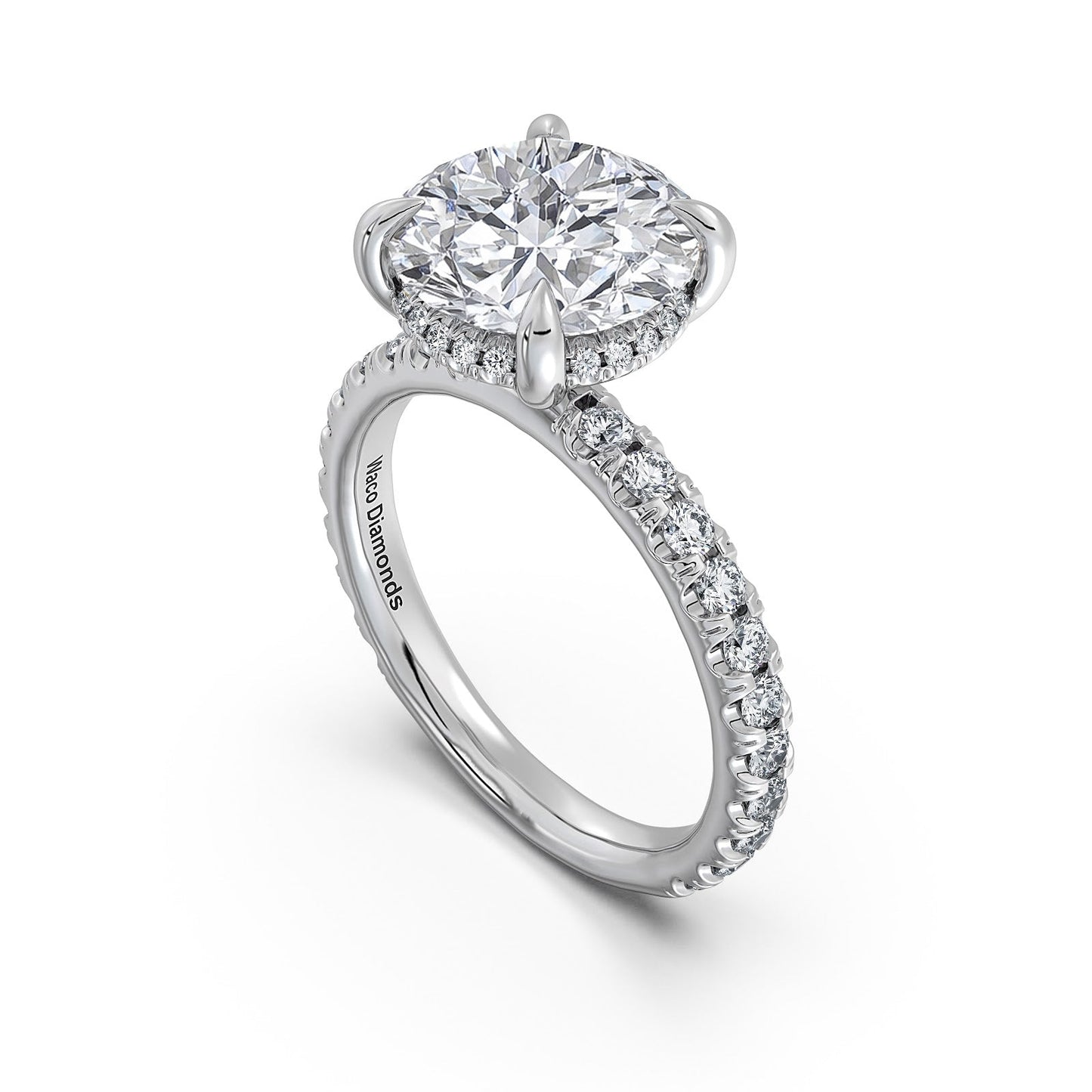 White Gold Round Diamond Engagement Ring with Pave Band Side Profile | Waco Diamonds Is Located In Waco, TX | Central Texas' #1 Engagement Ring Store With Lifetime Warranty