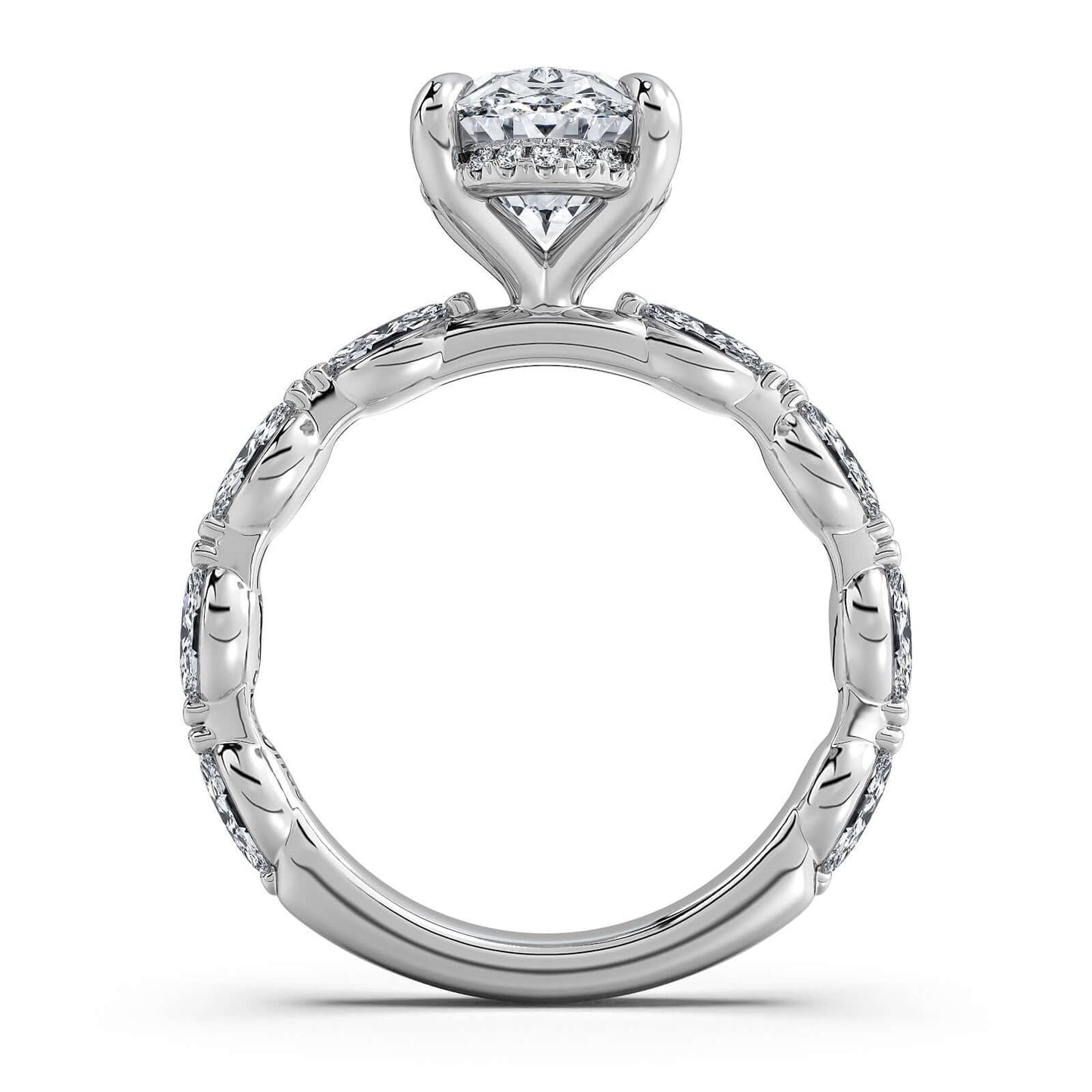 White Gold Oval Diamond Engagement Ring with Marquise Side Stone Band | Waco Diamonds Is Located In Waco, TX | Central Texas' #1 Engagement Ring Store With Lifetime Warranty