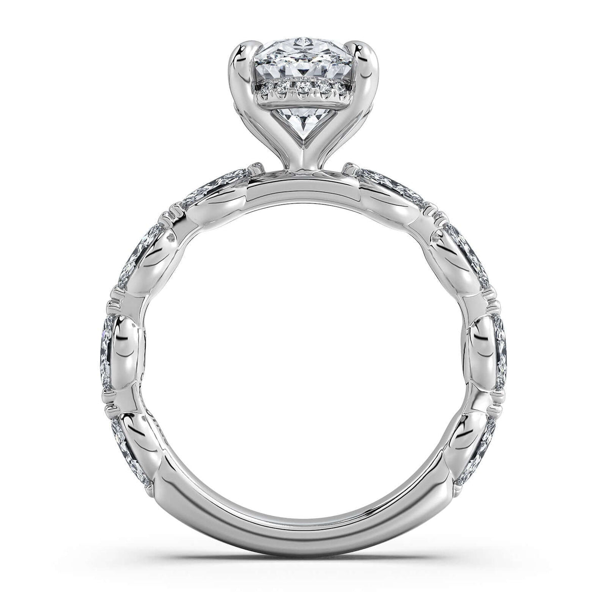 White Gold Oval Diamond Engagement Ring with Marquise Side Stone Band Profile View | Waco Diamonds Is Located In Waco, TX | Central Texas' #1 Engagement Ring Store With Lifetime Warranty
