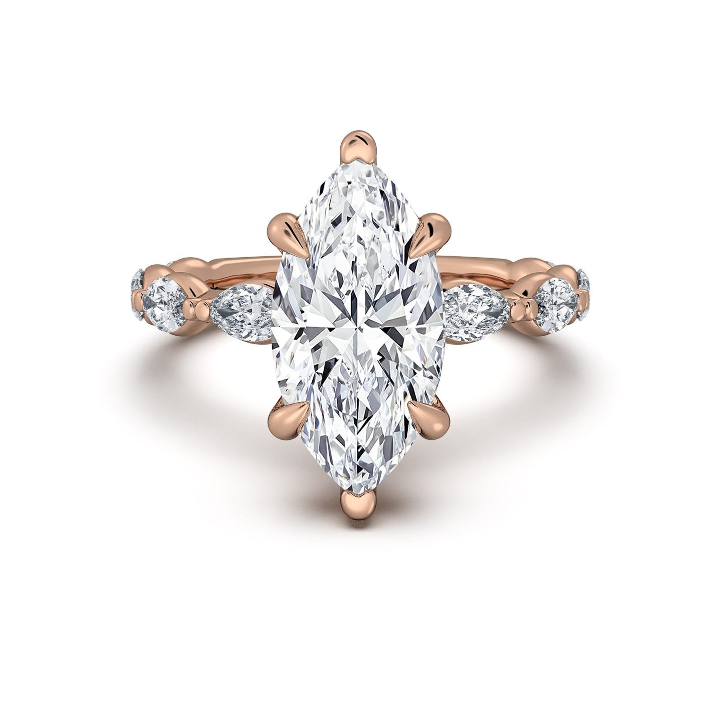 Rose Gold Marquise Diamond Engagement Ring with Marquise Side Stone Band | Waco Diamonds Is Located In Waco, TX | Central Texas' #1 Engagement Ring Store With Lifetime Warranty
