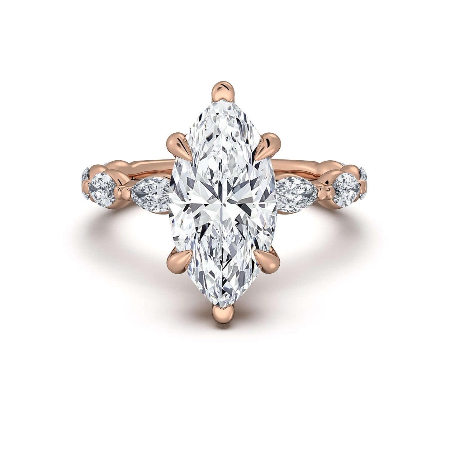 Rose Gold Marquise Diamond Engagement Ring with Marquise Side Stone Band | Waco Diamonds Is Located In Waco, TX | Central Texas' #1 Engagement Ring Store With Lifetime Warranty
