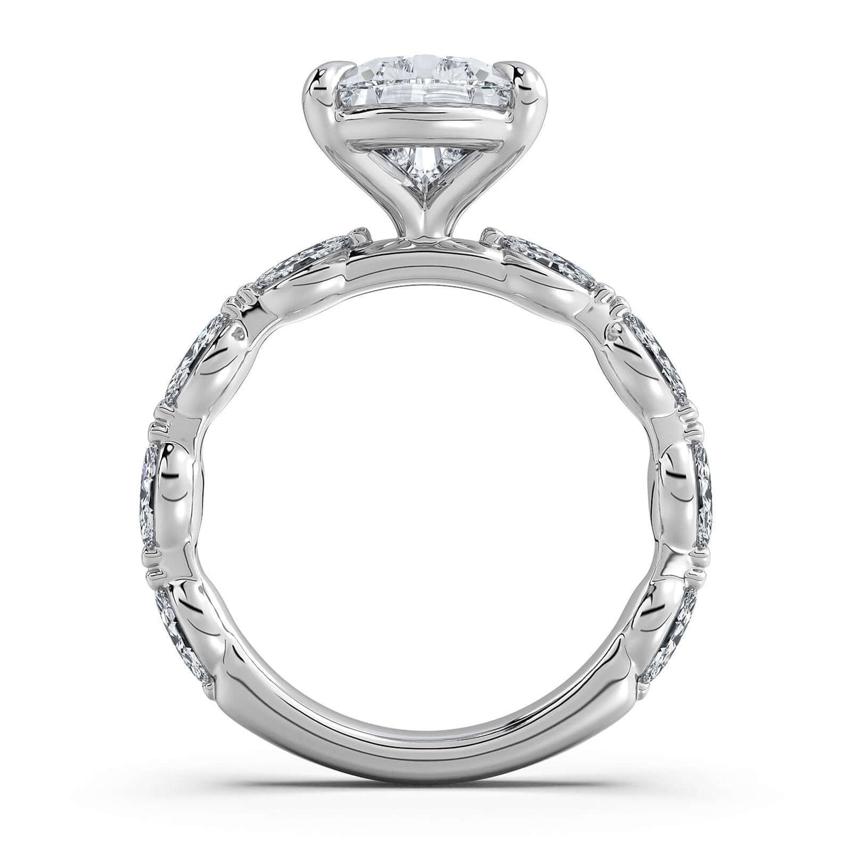 White Gold Pear Diamond Engagement Ring with Marquise Side Stone Band Profile View | Waco Diamonds Is Located In Waco, TX | Central Texas' #1 Engagement Ring Store With Lifetime Warranty