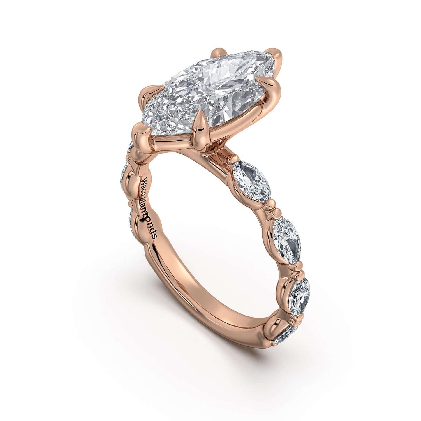 Rose Gold Marquise Diamond Engagement Ring with Marquise Side Stone Band | Waco Diamonds Is Located In Waco, TX | Central Texas' #1 Engagement Ring Store With Lifetime Warranty