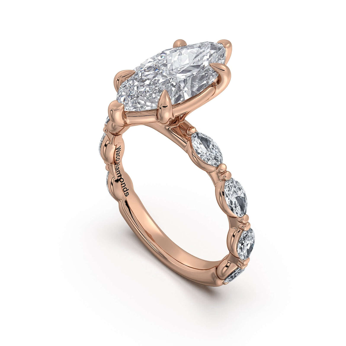 Rose Gold Marquise Diamond Engagement Ring with Marquise Side Stone Band Side Profile | Waco Diamonds Is Located In Waco, TX | Central Texas' #1 Engagement Ring Store With Lifetime Warranty