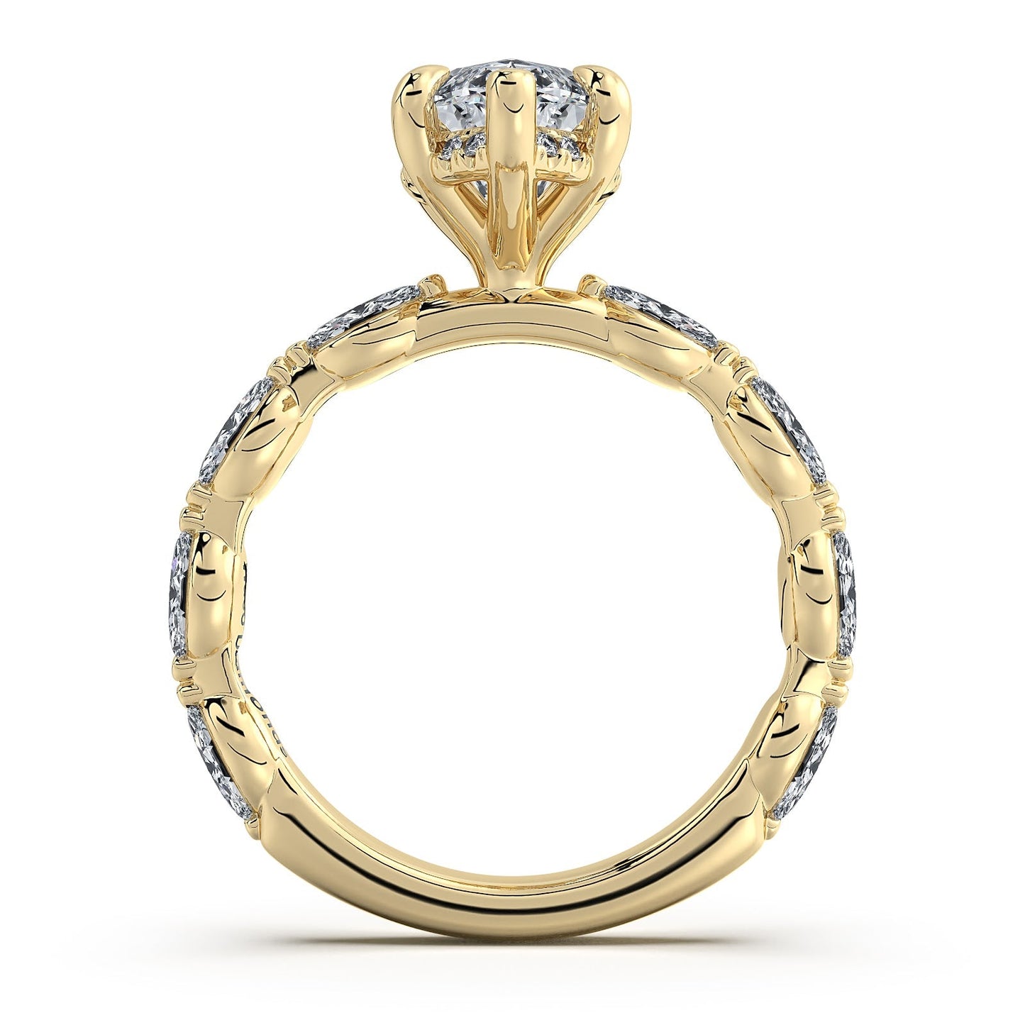 Yellow Gold Marquise Diamond Engagement Ring with Marquise Side Stone Band Profile View | Waco Diamonds Is Located In Waco, TX | Central Texas' #1 Engagement Ring Store With Lifetime Warranty