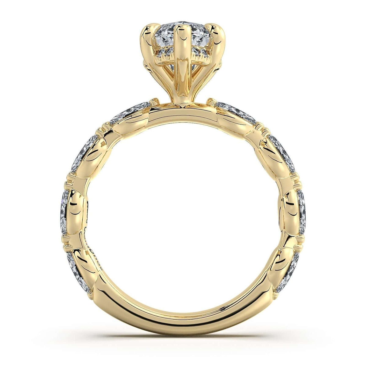 Yellow Gold Marquise Diamond Engagement Ring with Marquise Side Stone Band Profile View | Waco Diamonds Is Located In Waco, TX | Central Texas' #1 Engagement Ring Store With Lifetime Warranty