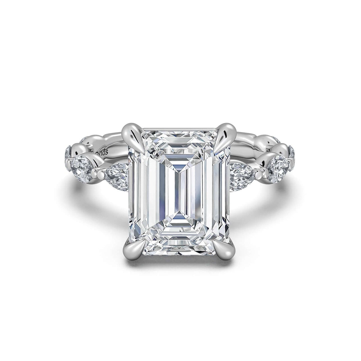 White Gold Emerald Diamond Engagement Ring with Marquise Side Stone Band | Waco Diamonds Is Located In Waco, TX | Central Texas' #1 Engagement Ring Store With Lifetime Warranty