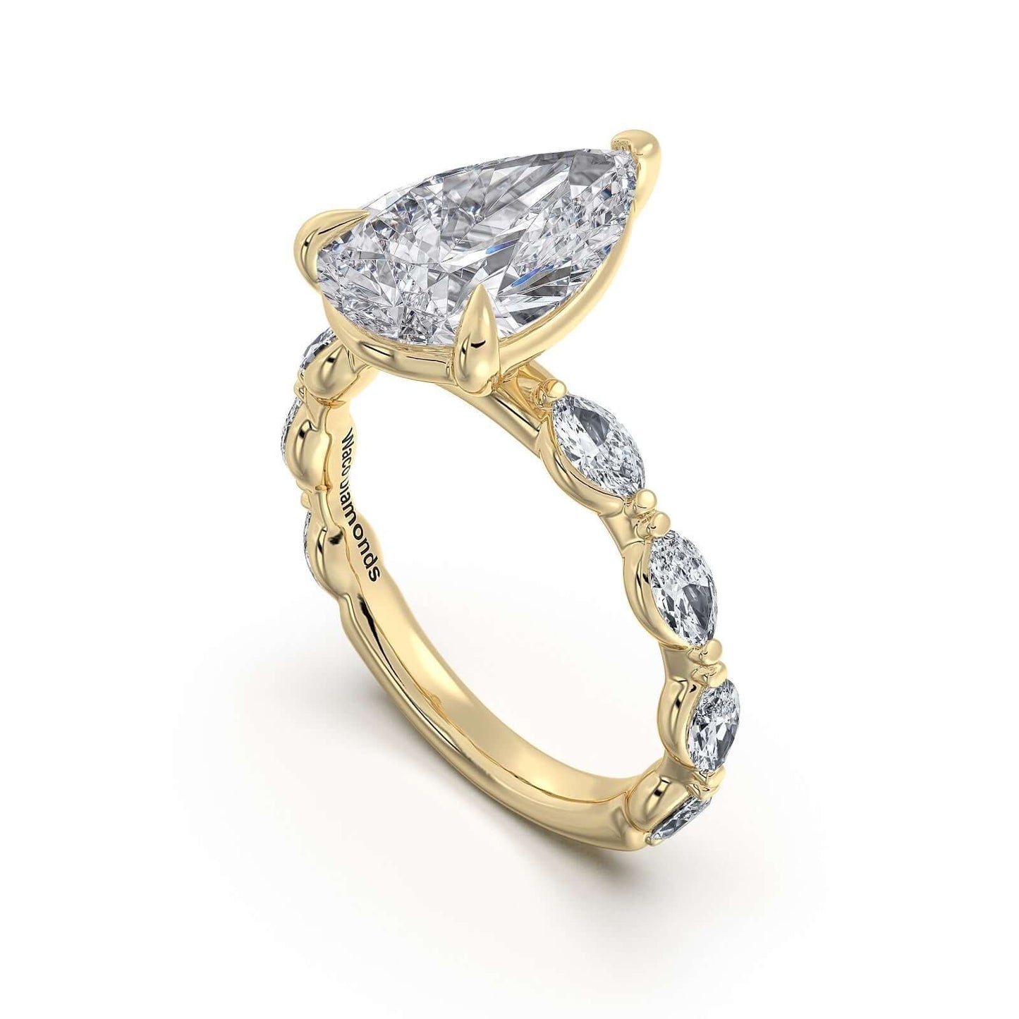 Yellow Gold Pear Diamond Engagement Ring with Marquise Side Stone Band | Waco Diamonds Is Located In Waco, TX | Central Texas' #1 Engagement Ring Store With Lifetime Warranty