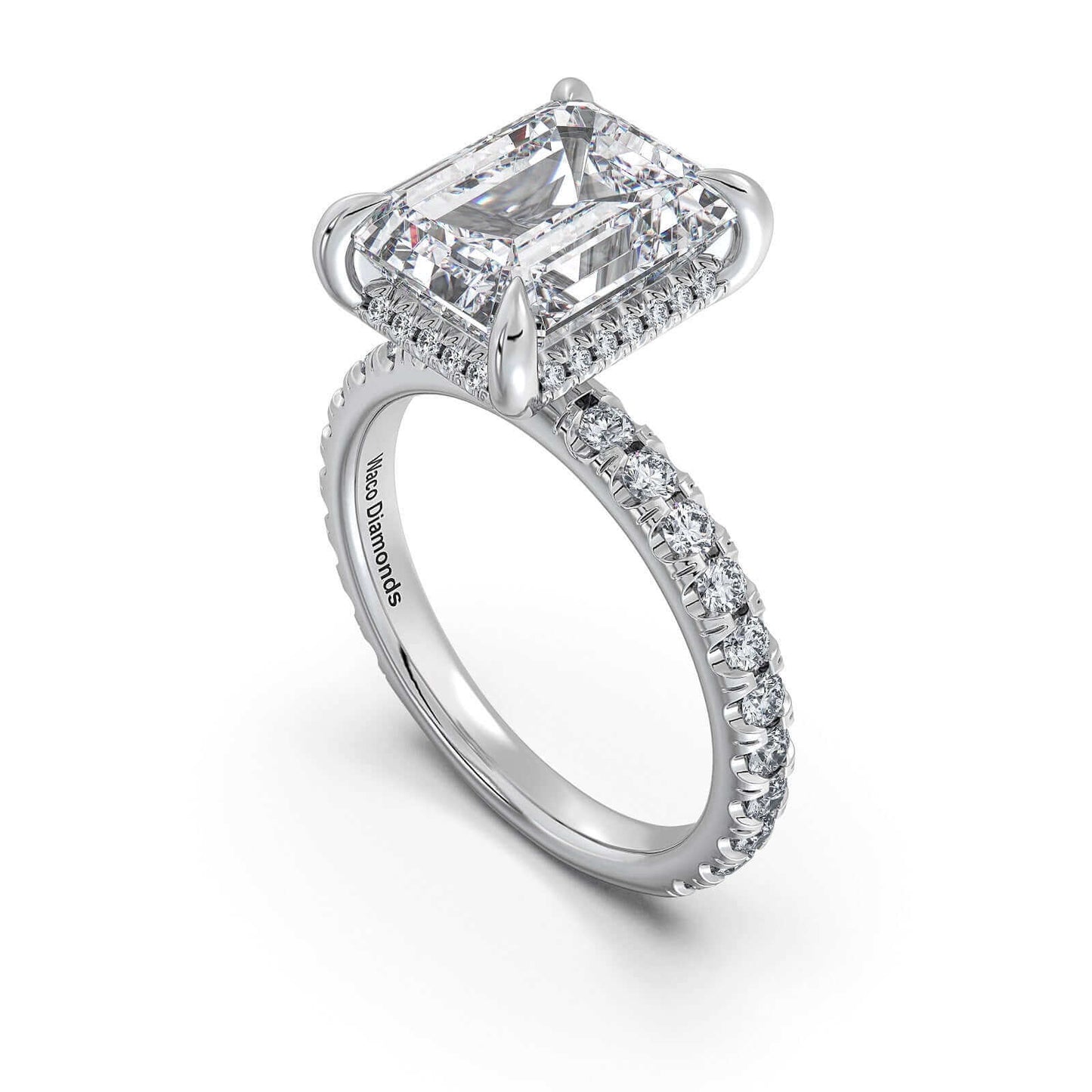 White Gold Emerald Diamond Engagement Ring with Pave Band | Waco Diamonds Is Located In Waco, TX | Central Texas' #1 Engagement Ring Store With Lifetime Warranty