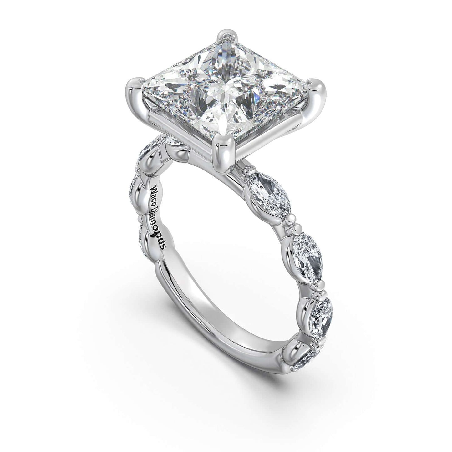 White Gold Princess Diamond Engagement Ring with Marquise Side Stone Band | Waco Diamonds Is Located In Waco, TX | Central Texas' #1 Engagement Ring Store With Lifetime Warranty