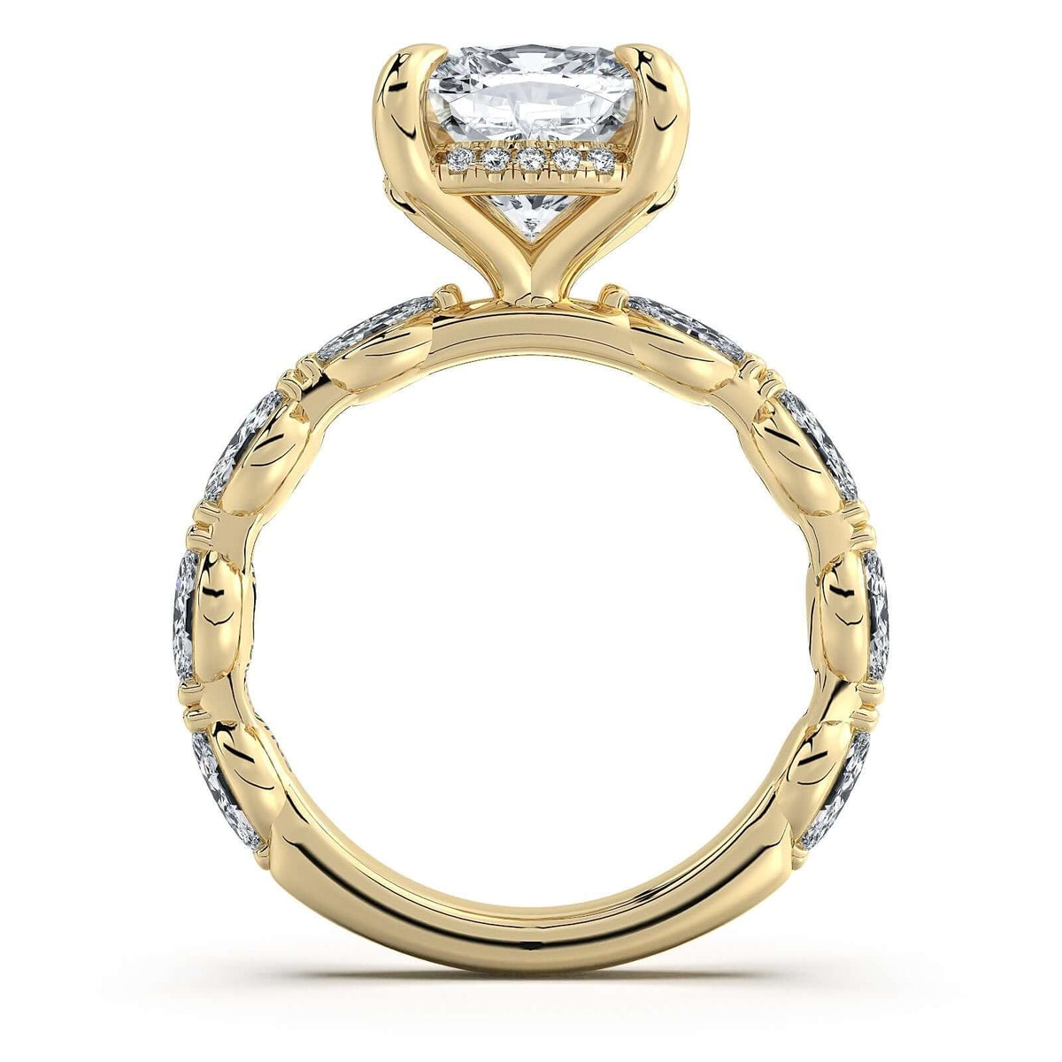 Yellow Gold Cushion Diamond Engagement Ring with Marquise Side Stone Band Profile View | Waco Diamonds Is Located In Waco, TX | Central Texas' #1 Engagement Ring Store With Lifetime Warranty