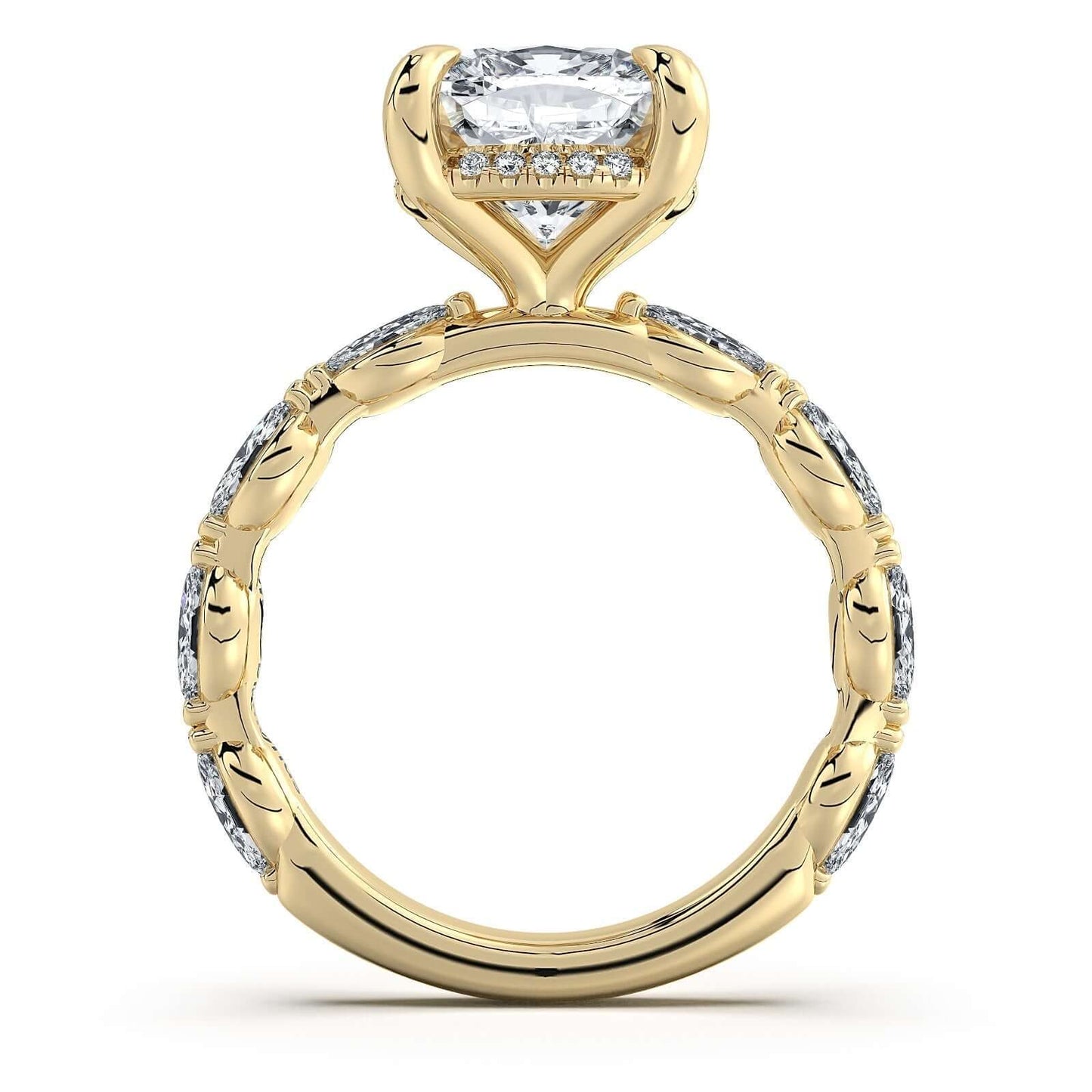 Yellow Gold Cushion Diamond Engagement Ring with Marquise Side Stone Band | Waco Diamonds Is Located In Waco, TX | Central Texas' #1 Engagement Ring Store With Lifetime Warranty