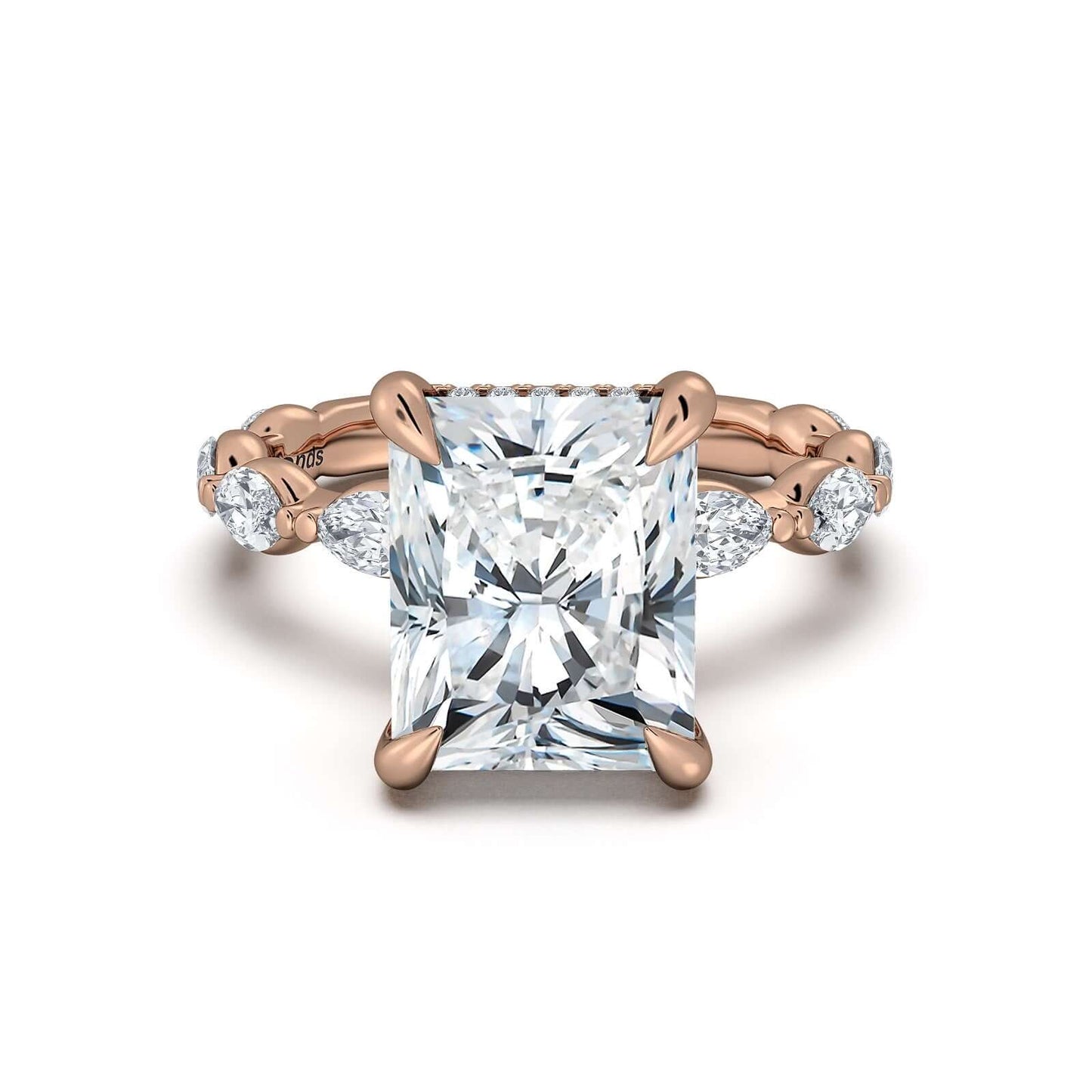 Rose Gold Radiant Diamond Engagement Ring with Marquise Side Stone Band | Waco Diamonds Is Located In Waco, TX | Central Texas' #1 Engagement Ring Store With Lifetime Warranty
