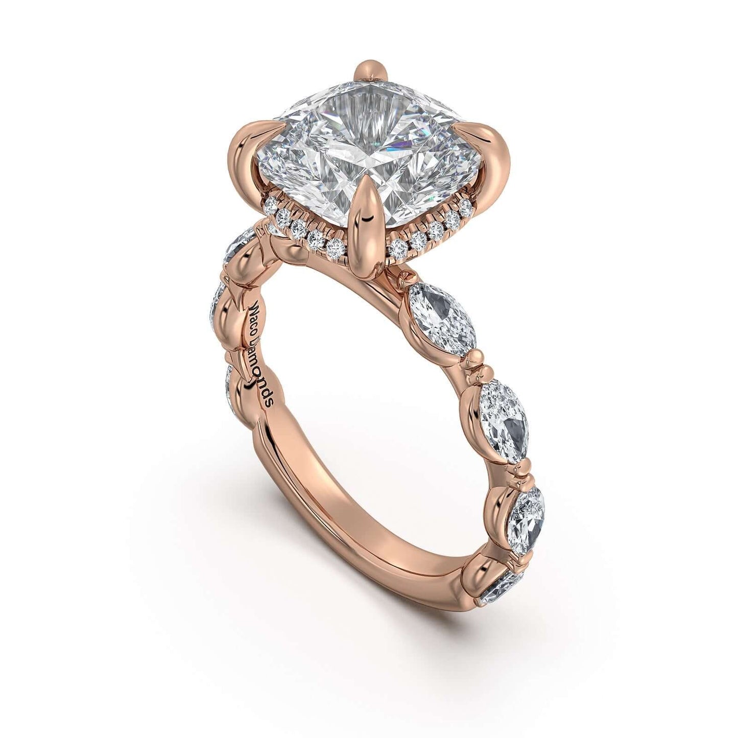 Rose Gold Cushion Diamond Engagement Ring with Marquise Side Stone Band | Waco Diamonds Is Located In Waco, TX | Central Texas' #1 Engagement Ring Store With Lifetime Warranty