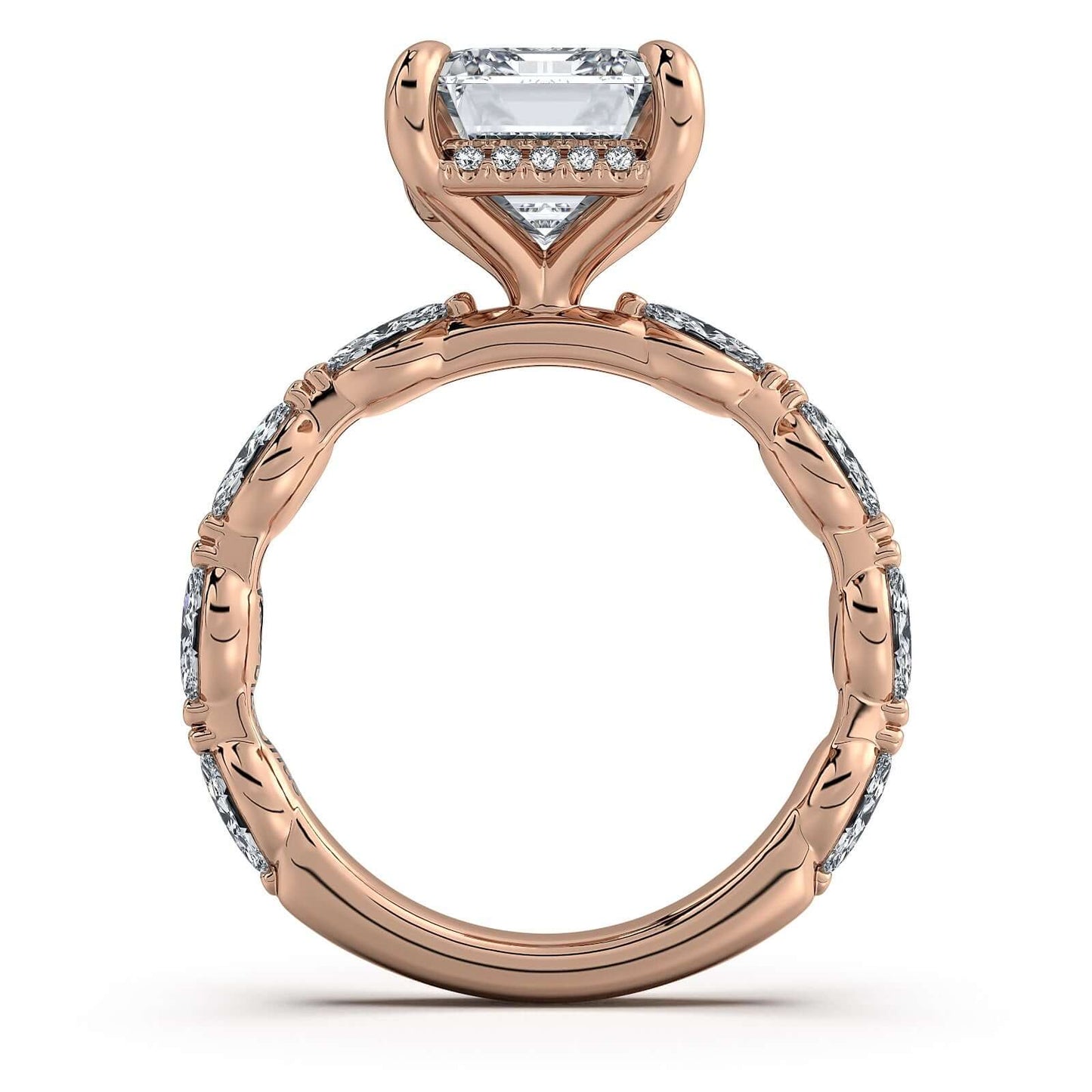 Rose Gold Emerald Diamond Engagement Ring with Marquise Side Stone Band | Waco Diamonds Is Located In Waco, TX | Central Texas' #1 Engagement Ring Store With Lifetime Warranty
