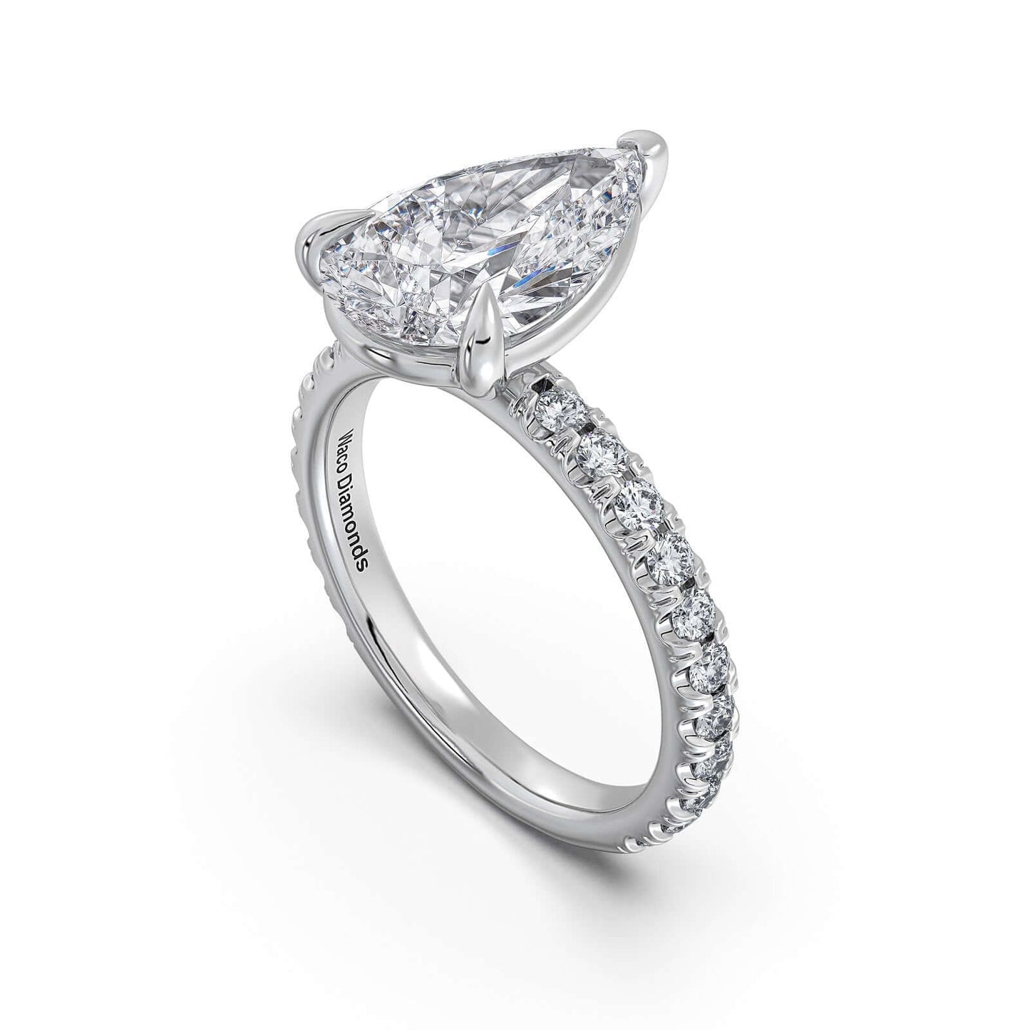 White Gold Pear Diamond Engagement Ring with Pave Band | Waco Diamonds Is Located In Waco, TX | Central Texas' #1 Engagement Ring Store With Lifetime Warranty