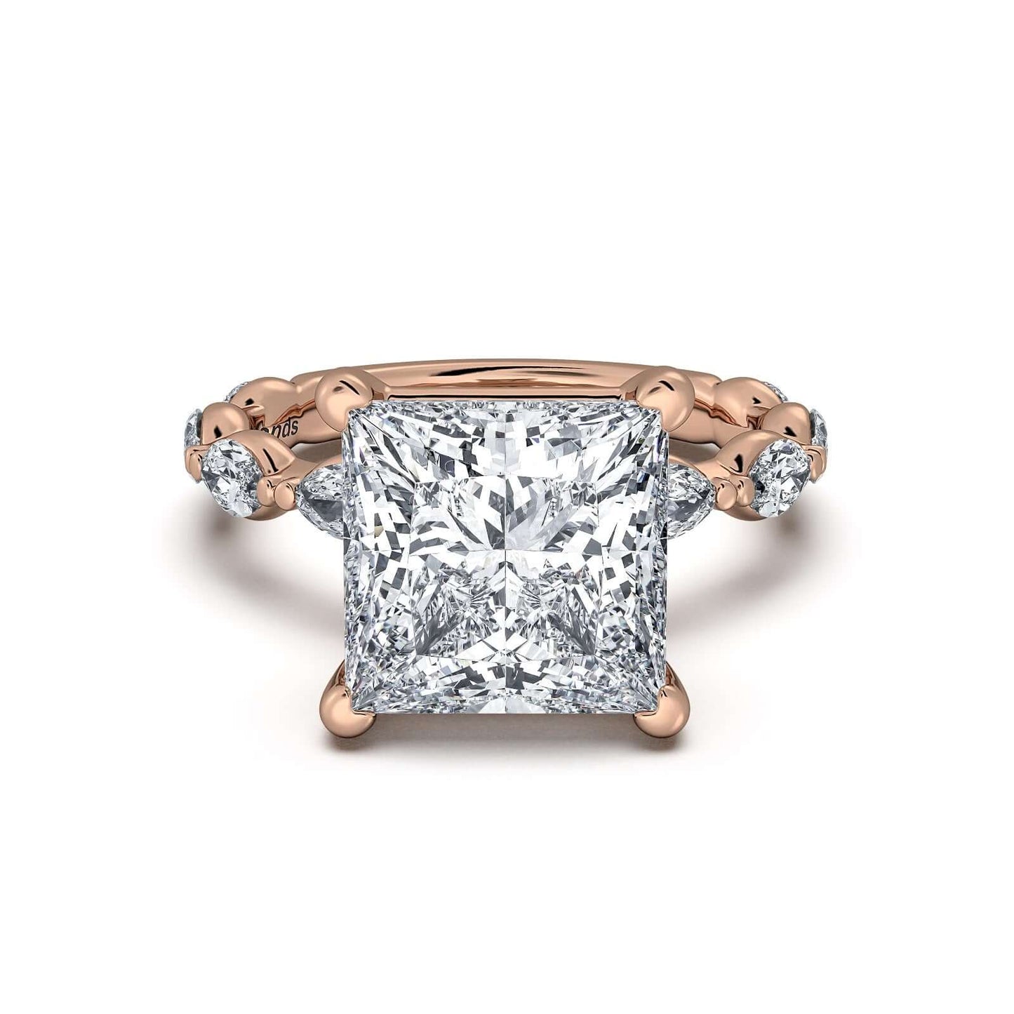 Rose Gold Princess Diamond Engagement Ring with Marquise Side Stone Band | Waco Diamonds Is Located In Waco, TX | Central Texas' #1 Engagement Ring Store With Lifetime Warranty