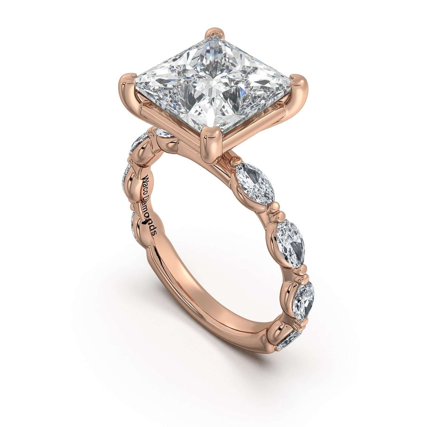 Rose Gold Princess Diamond Engagement Ring with Marquise Side Stone Band | Waco Diamonds Is Located In Waco, TX | Central Texas' #1 Engagement Ring Store With Lifetime Warranty