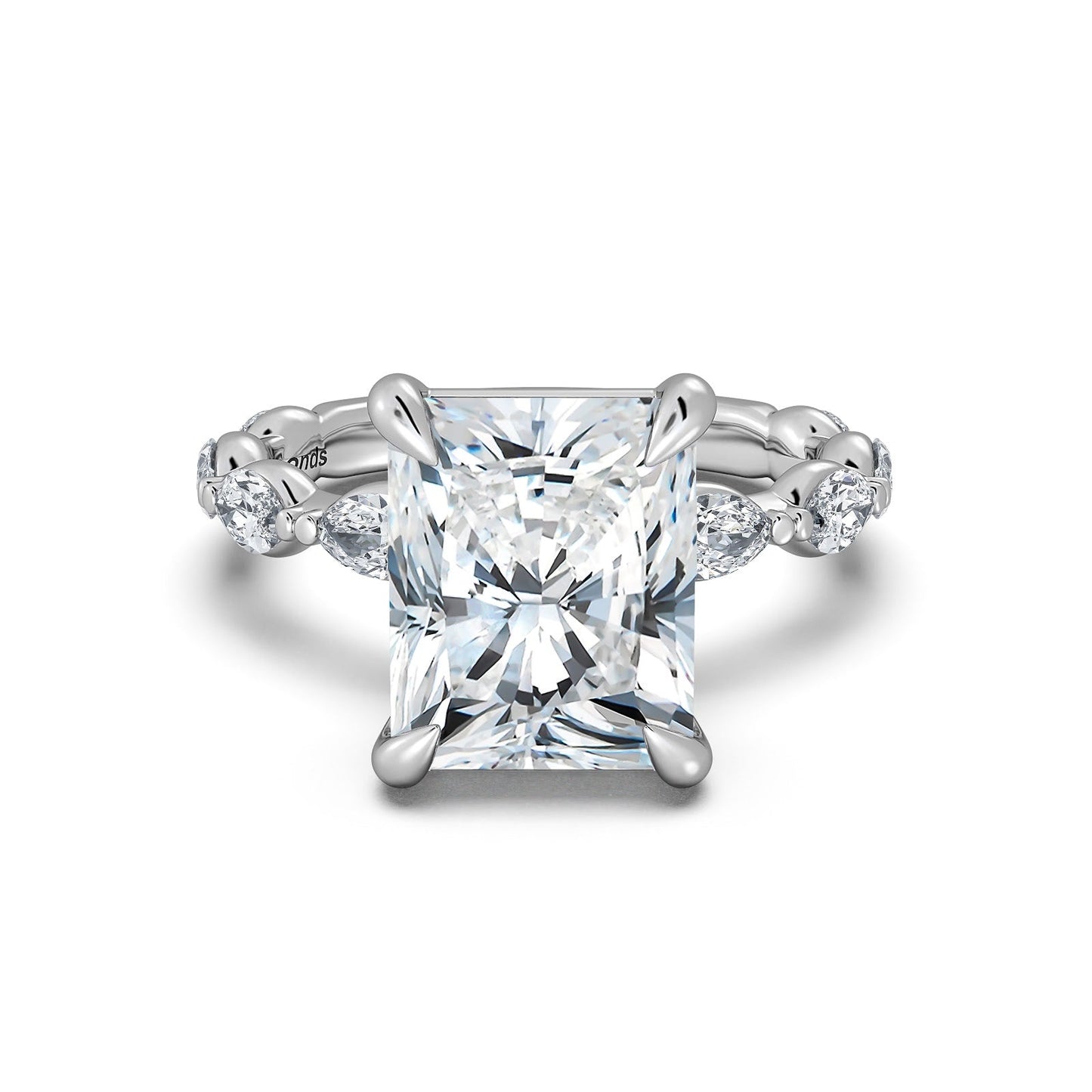 White Gold Radiant Diamond Engagement Ring with Marquise Side Stone Band | Waco Diamonds Is Located In Waco, TX | Central Texas' #1 Engagement Ring Store With Lifetime Warranty