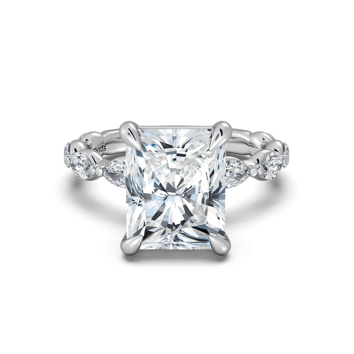 White Gold Radiant Diamond Engagement Ring with Marquise Side Stone Band | Waco Diamonds Is Located In Waco, TX | Central Texas' #1 Engagement Ring Store With Lifetime Warranty