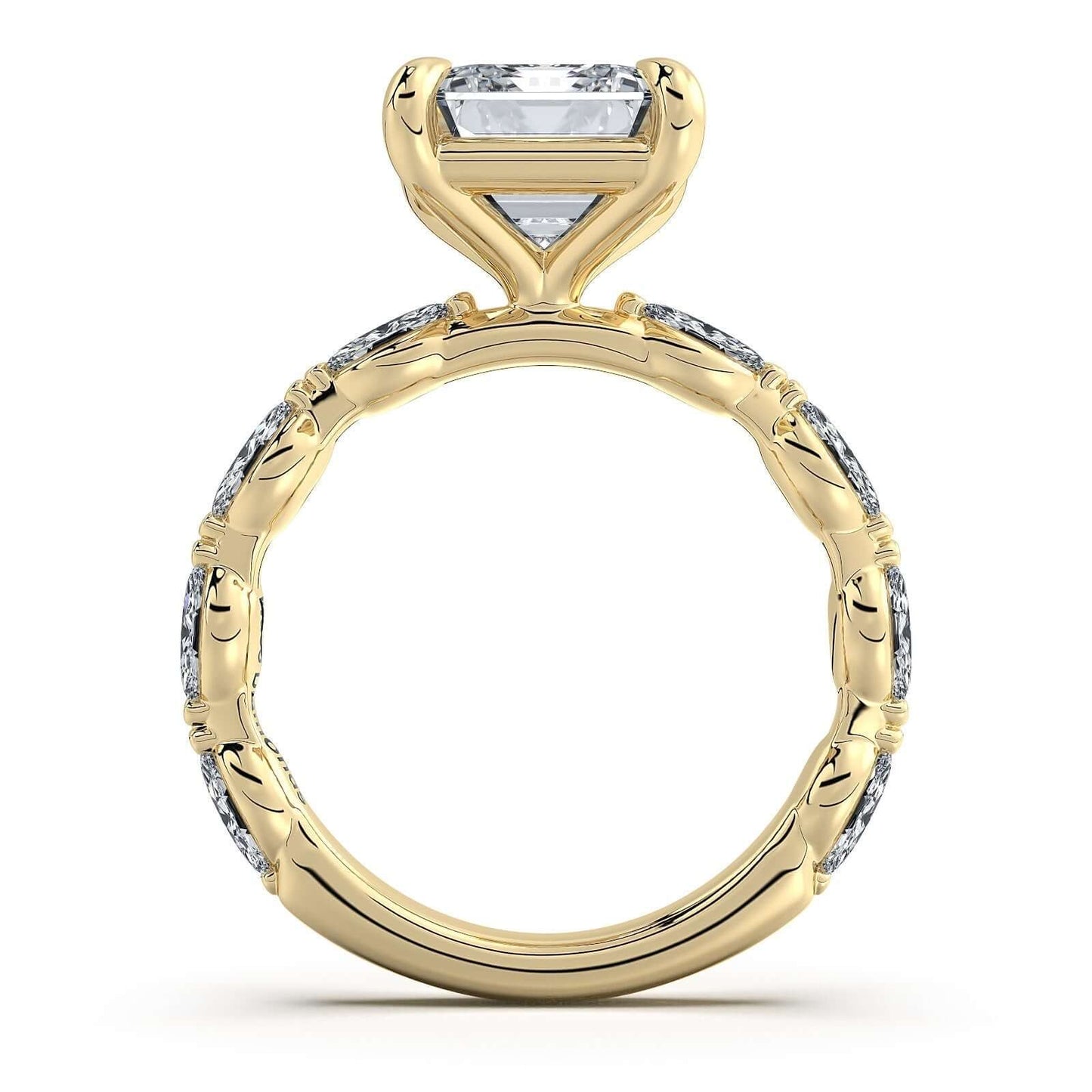 Yellow Gold Emerald Diamond Engagement Ring with Marquise Side Stone Band | Waco Diamonds Is Located In Waco, TX | Central Texas' #1 Engagement Ring Store With Lifetime Warranty