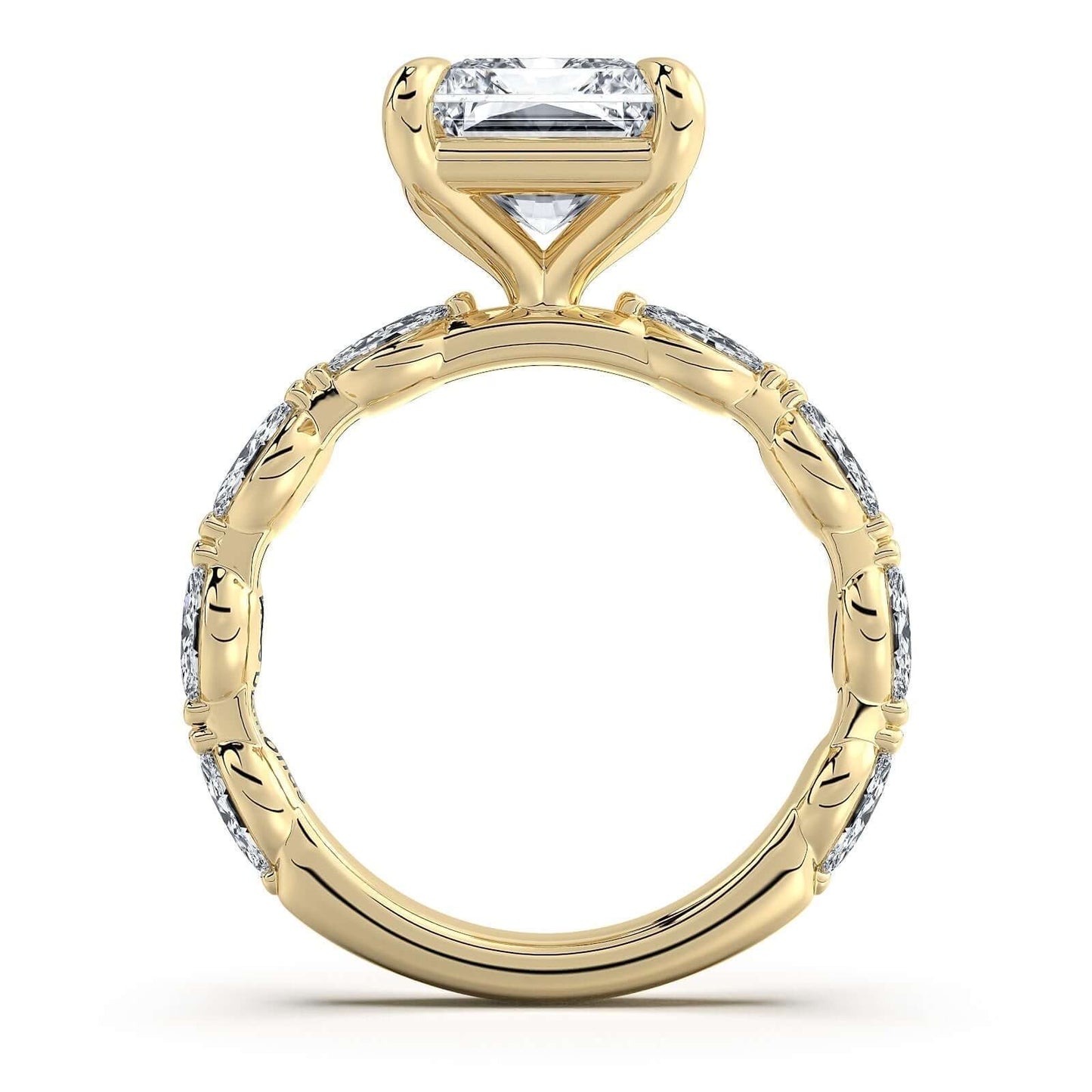 Yellow Gold Radiant Diamond Engagement Ring with Marquise Side Stone Band | Waco Diamonds Is Located In Waco, TX | Central Texas' #1 Engagement Ring Store With Lifetime Warranty