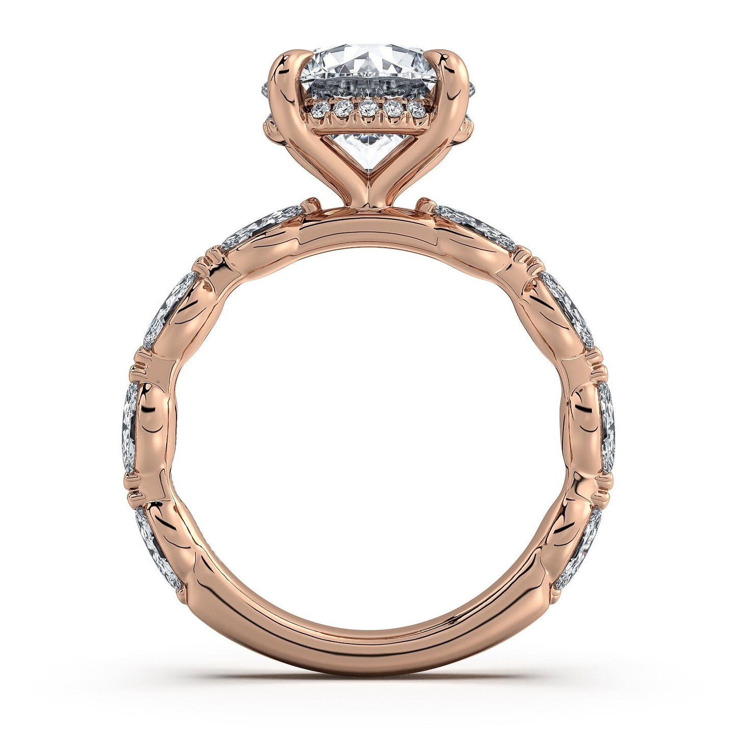 Rose Gold Round Diamond Engagement Ring with Marquise Side Stone Band Profile View | Waco Diamonds Is Located In Waco, TX | Central Texas' #1 Engagement Ring Store With Lifetime Warranty
