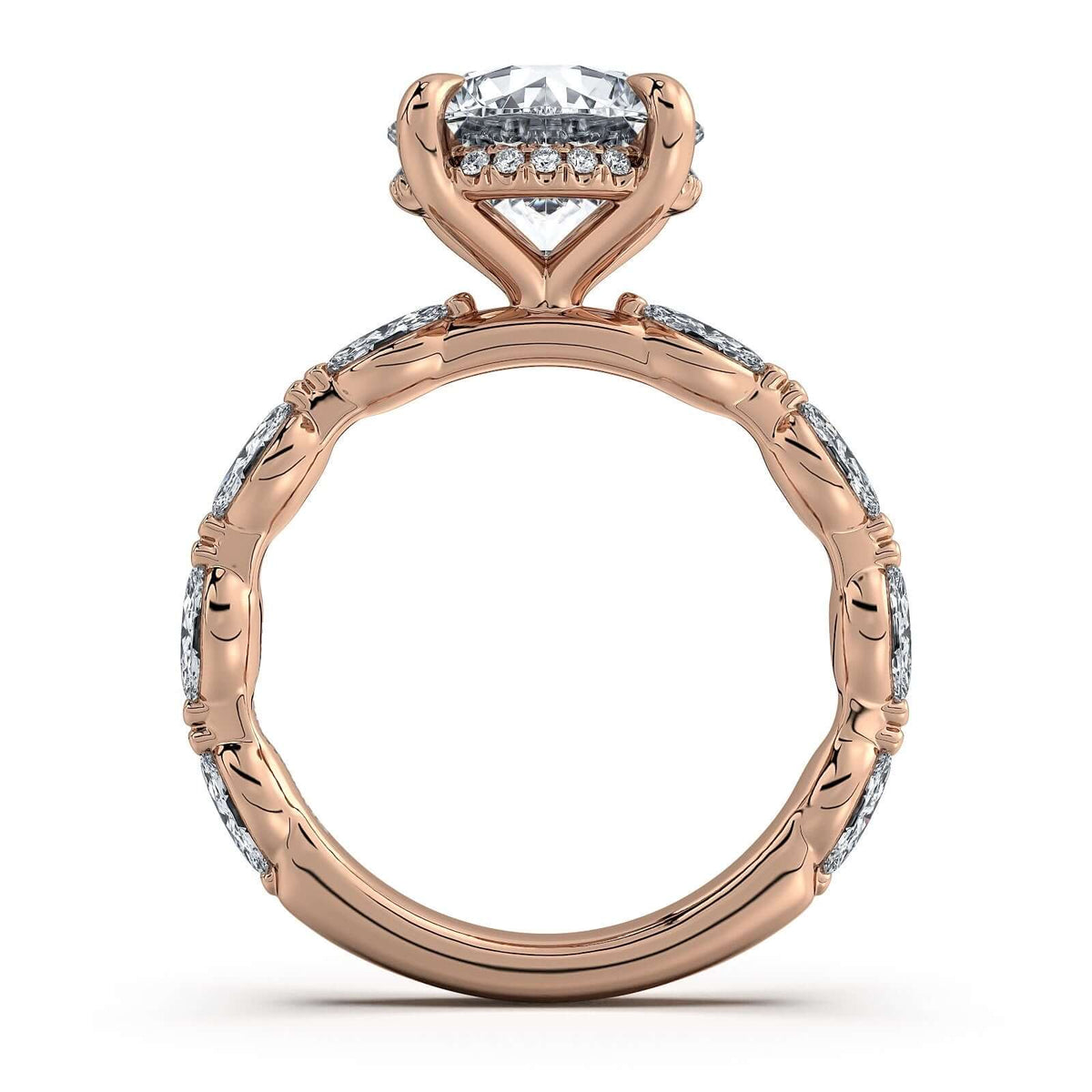 Rose Gold Round Diamond Engagement Ring with Marquise Side Stone Band Profile View | Waco Diamonds Is Located In Waco, TX | Central Texas' #1 Engagement Ring Store With Lifetime Warranty