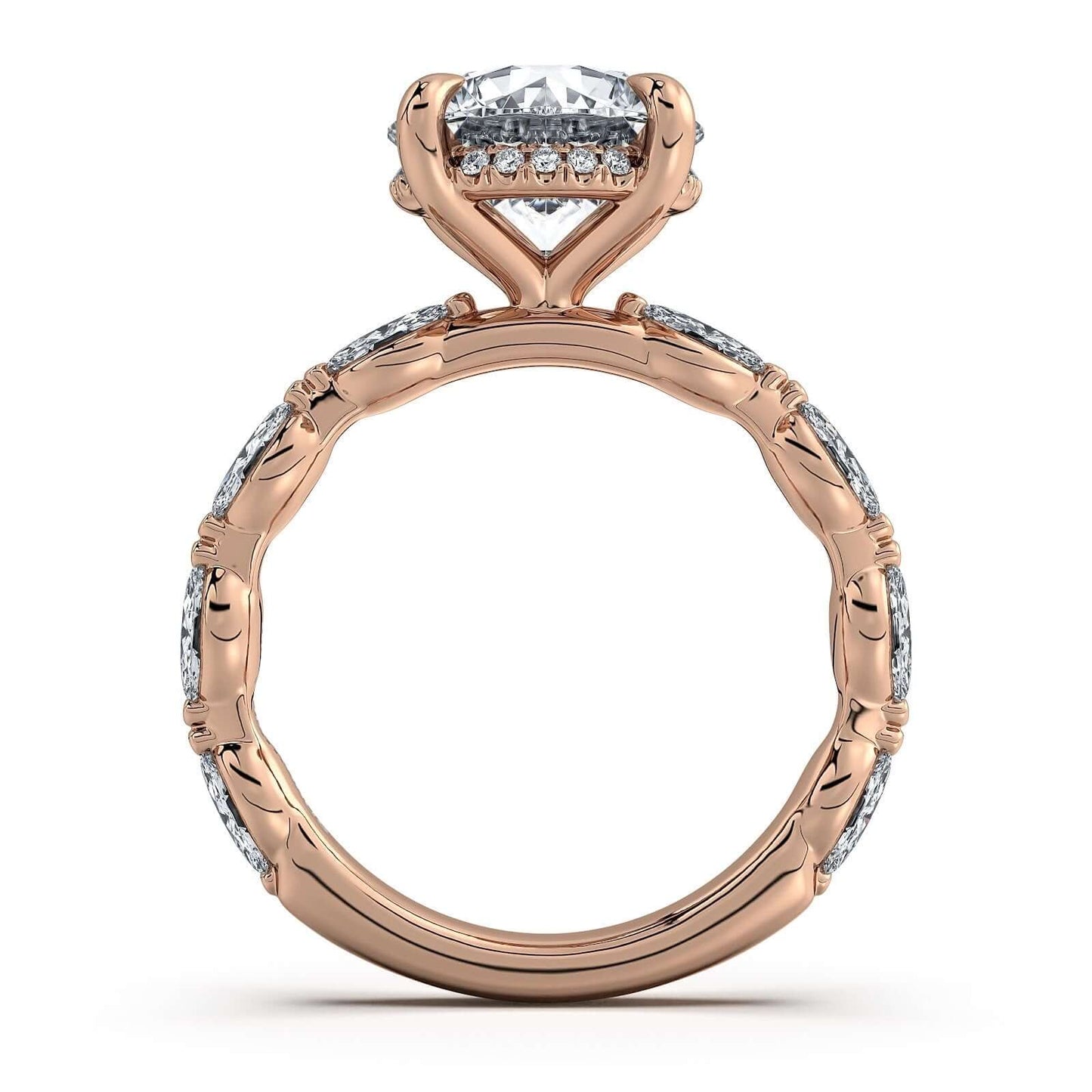Rose Gold Round Diamond Engagement Ring with Marquise Side Stone Band | Waco Diamonds Is Located In Waco, TX | Central Texas' #1 Engagement Ring Store With Lifetime Warranty