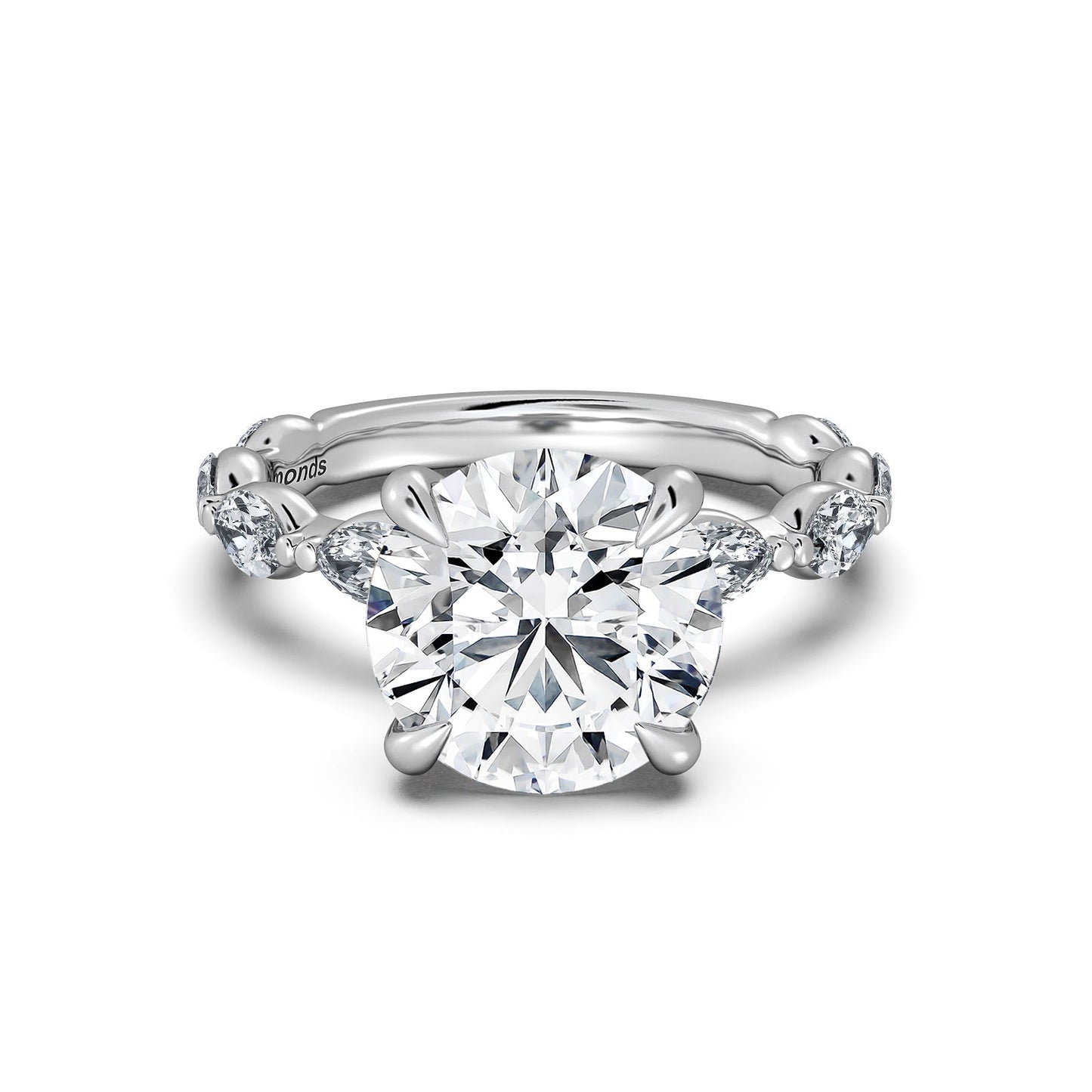 White Gold Round Diamond Engagement Ring with Marquise Side Stone Band | Waco Diamonds Is Located In Waco, TX | Central Texas' #1 Engagement Ring Store With Lifetime Warranty