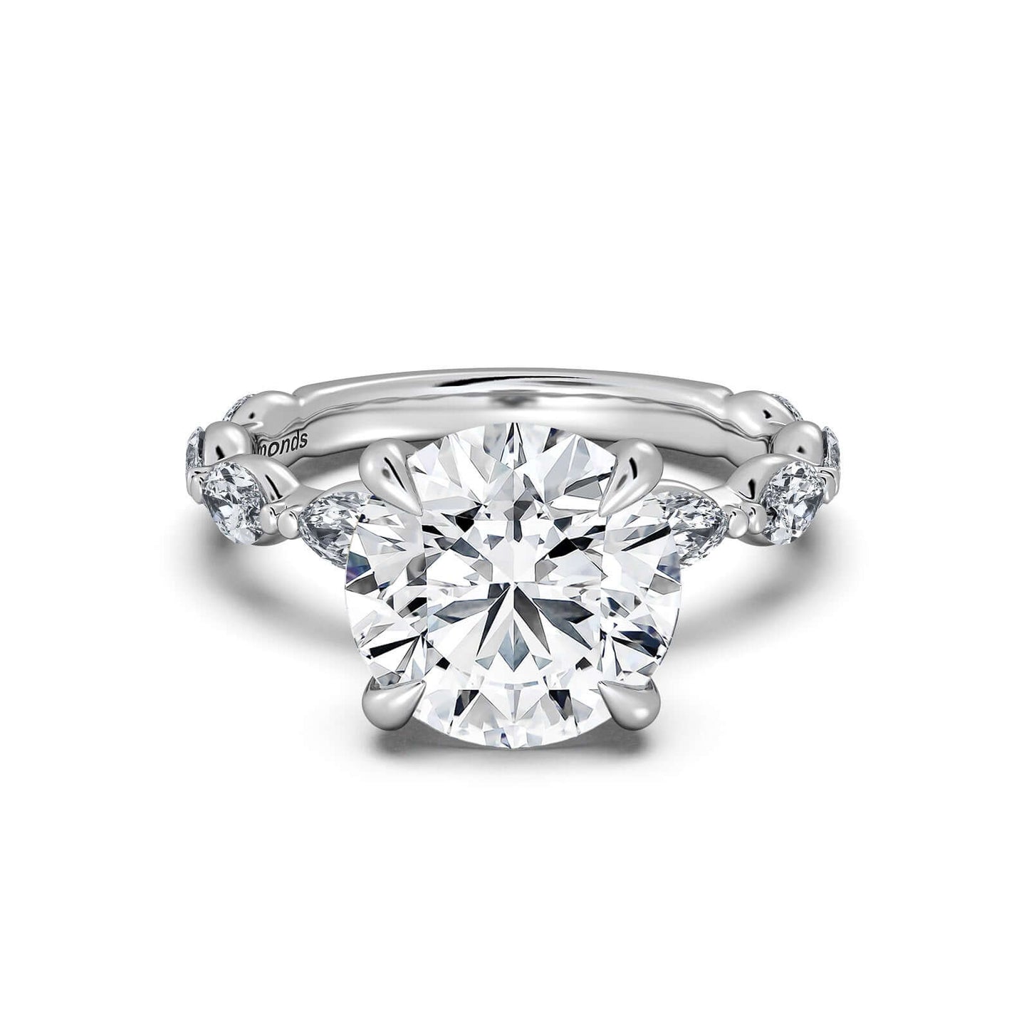 White Gold Round Diamond Engagement Ring with Marquise Side Stone Band | Waco Diamonds Is Located In Waco, TX | Central Texas' #1 Engagement Ring Store With Lifetime Warranty