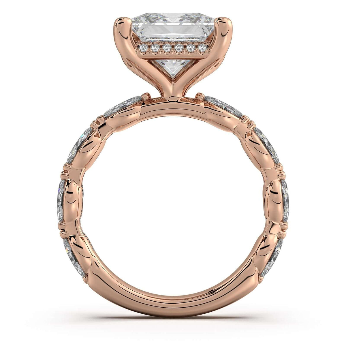 Rose Gold Princess Diamond Engagement Ring with Marquise Side Stone Band Profile View | Waco Diamonds Is Located In Waco, TX | Central Texas' #1 Engagement Ring Store With Lifetime Warranty