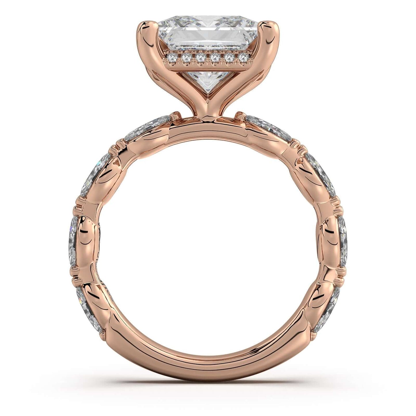 Rose Gold Princess Diamond Engagement Ring with Marquise Side Stone Band | Waco Diamonds Is Located In Waco, TX | Central Texas' #1 Engagement Ring Store With Lifetime Warranty