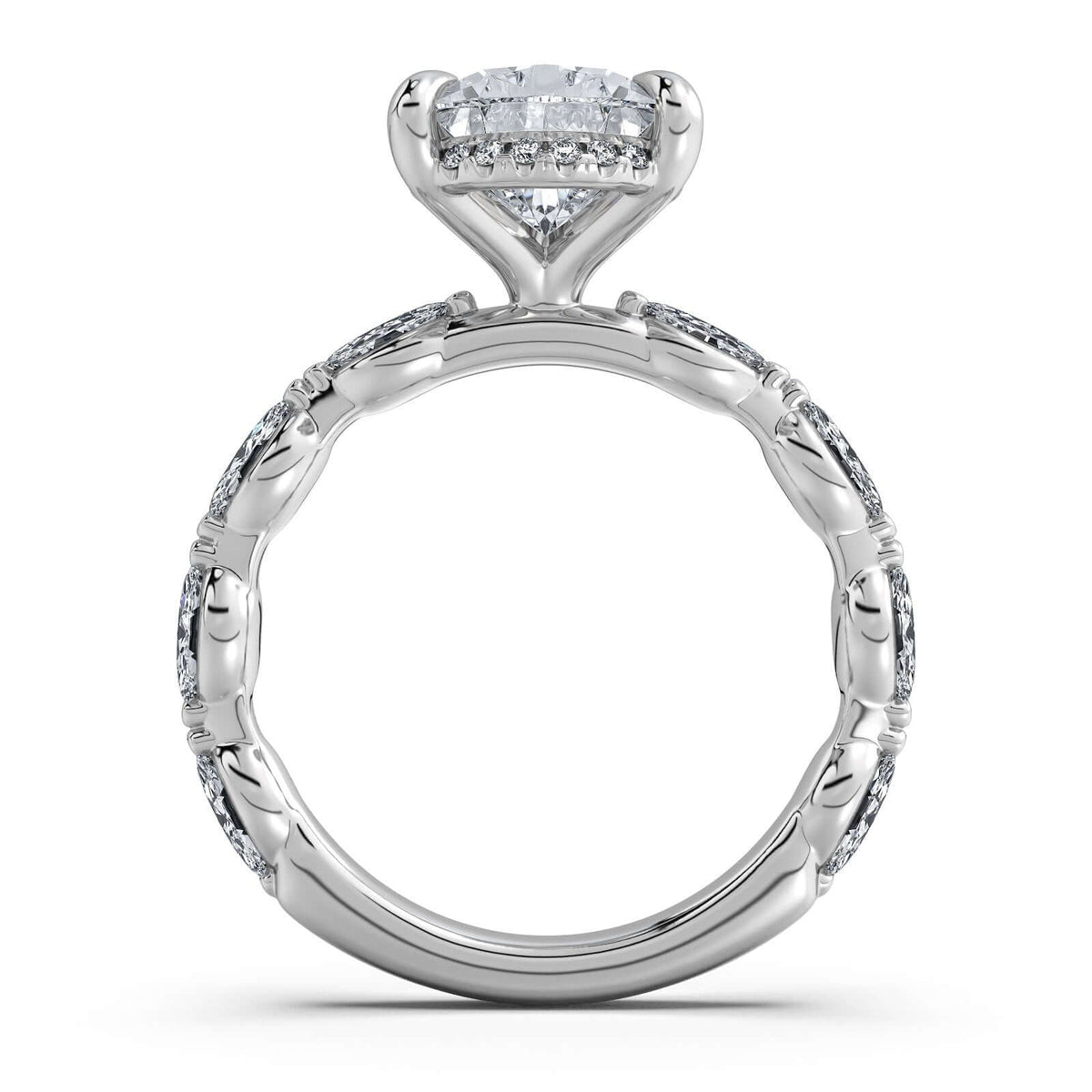 White Gold Pear Diamond Engagement Ring with Marquise Side Stone Band Profile View | Waco Diamonds Is Located In Waco, TX | Central Texas' #1 Engagement Ring Store With Lifetime Warranty