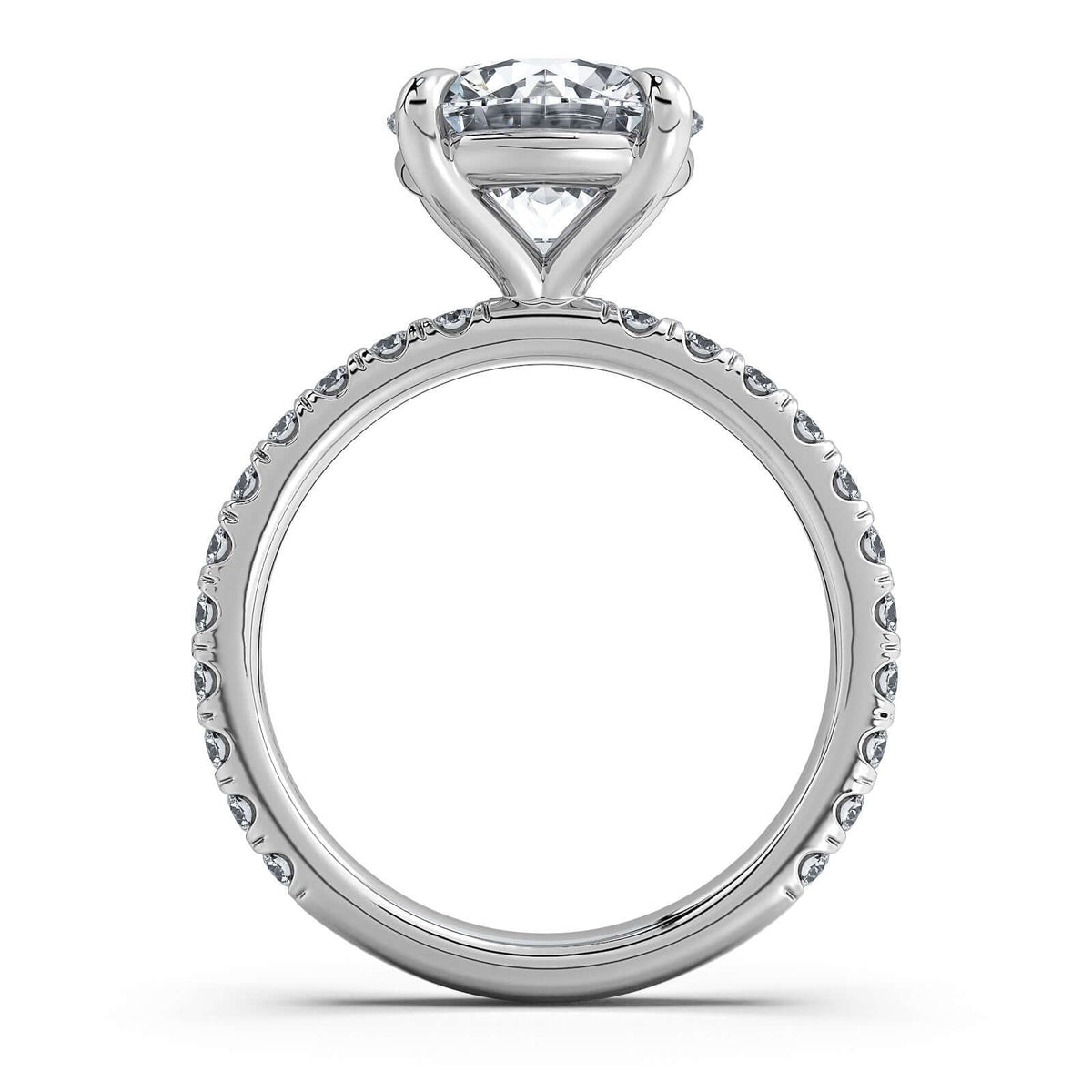 White Gold Round Diamond Engagement Ring with Pave Band Profile View | Waco Diamonds Is Located In Waco, TX | Central Texas' #1 Engagement Ring Store With Lifetime Warranty