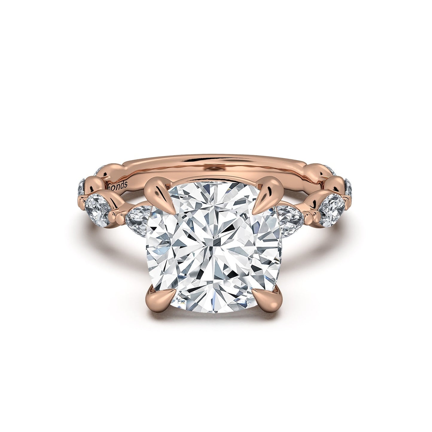 Rose Gold Cushion Diamond Engagement Ring with Marquise Side Stone Band | Waco Diamonds Is Located In Waco, TX | Central Texas' #1 Engagement Ring Store With Lifetime Warranty