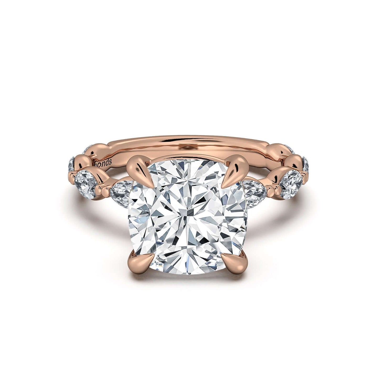 Rose Gold Cushion Diamond Engagement Ring with Marquise Side Stone Band | Waco Diamonds Is Located In Waco, TX | Central Texas' #1 Engagement Ring Store With Lifetime Warranty