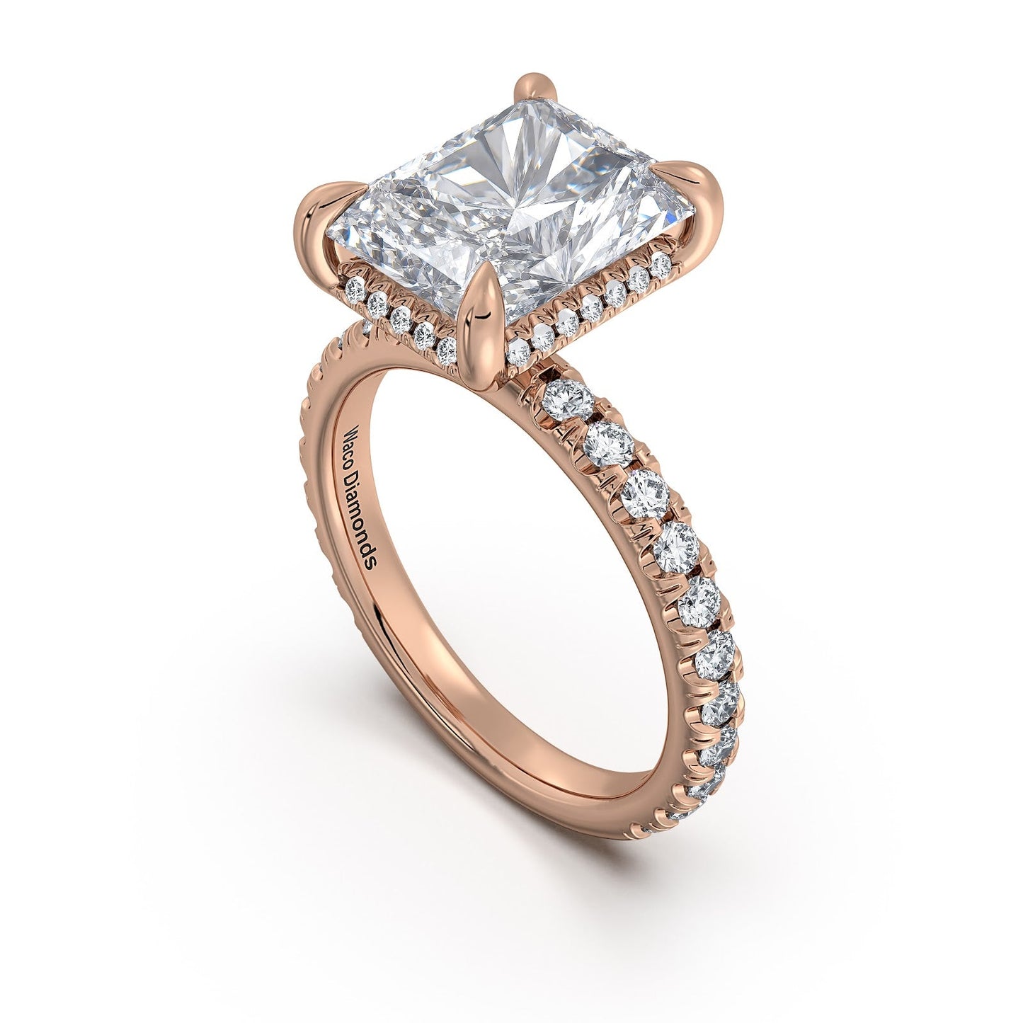 Rose Gold Radiant Diamond Engagement Ring with Pave Band Side Profile | Waco Diamonds Is Located In Waco, TX | Central Texas' #1 Engagement Ring Store With Lifetime Warranty