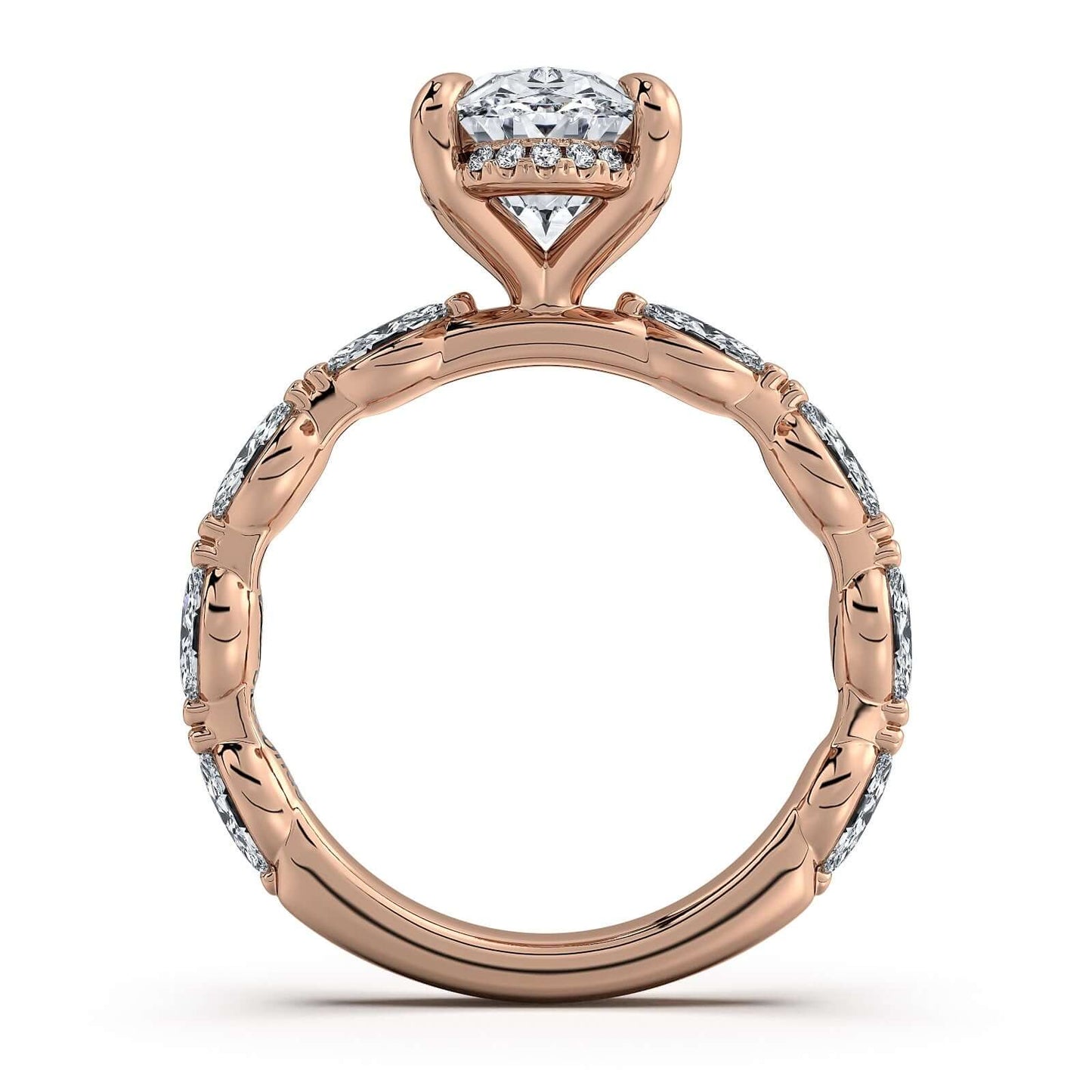 Rose Gold Oval Diamond Engagement Ring with Marquise Side Stone Band | Waco Diamonds Is Located In Waco, TX | Central Texas' #1 Engagement Ring Store With Lifetime Warranty