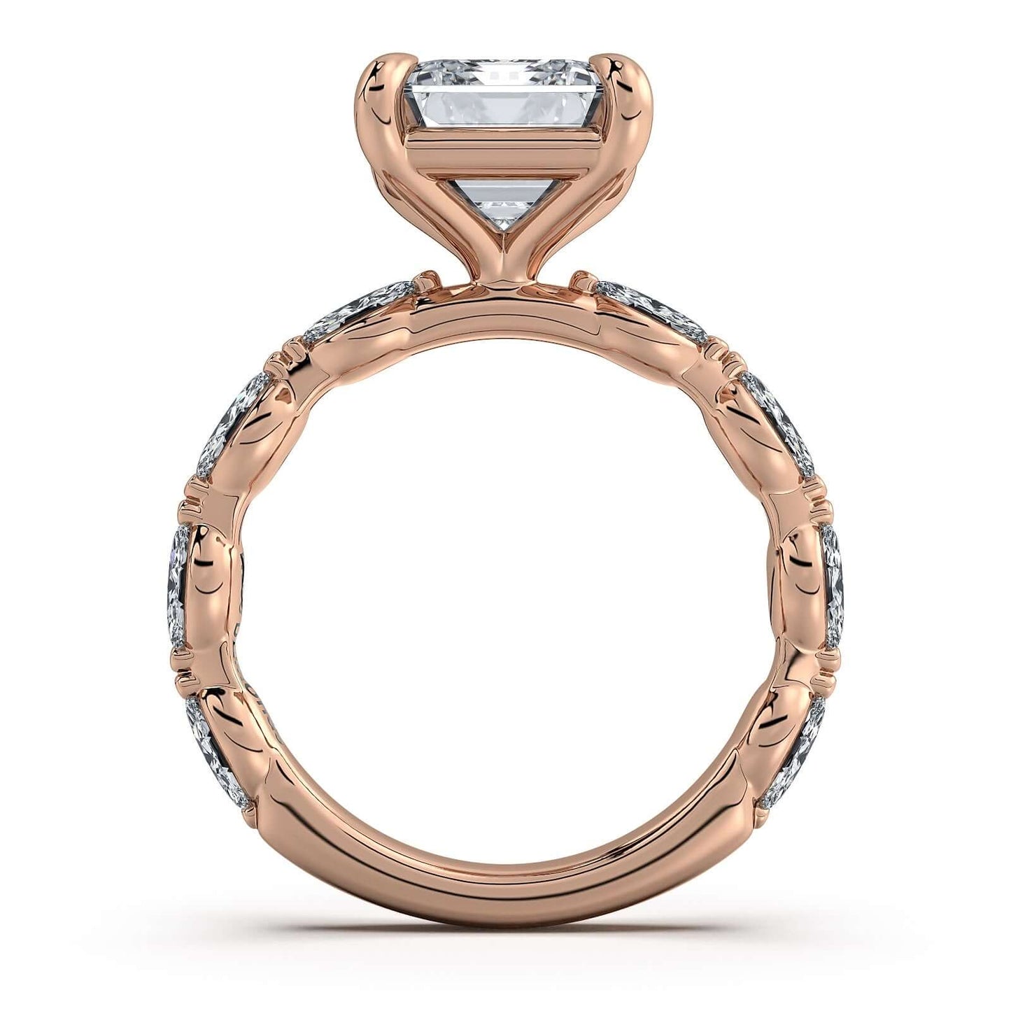 Rose Gold Emerald Diamond Engagement Ring with Marquise Side Stone Band | Waco Diamonds Is Located In Waco, TX | Central Texas' #1 Engagement Ring Store With Lifetime Warranty