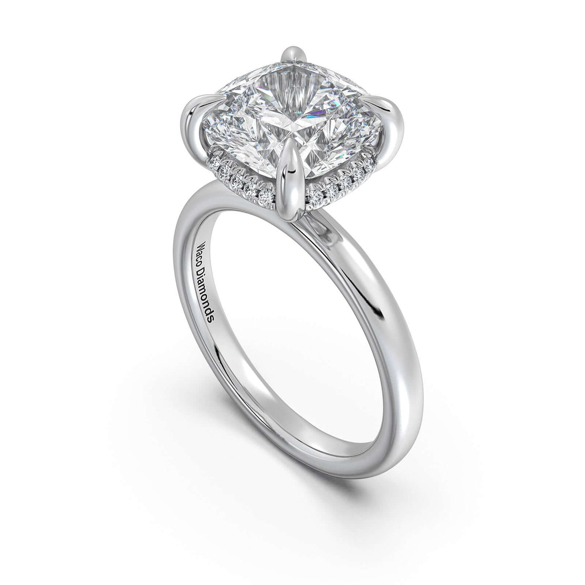 White Gold Cushion Diamond Engagement Ring with Solitaire Band Side Profile | Waco Diamonds Is Located In Waco, TX | Central Texas' #1 Engagement Ring Store With Lifetime Warranty