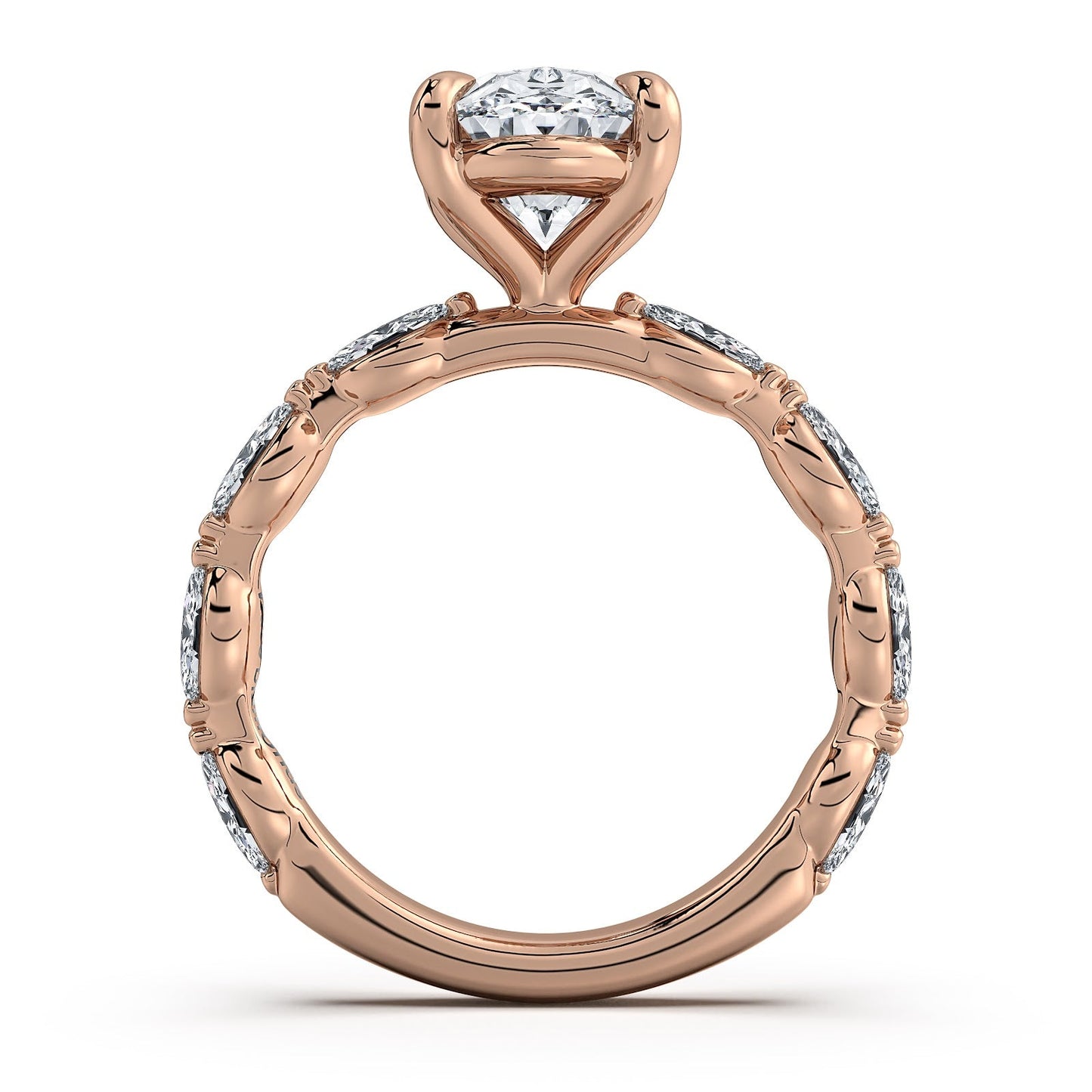 Rose Gold Oval Diamond Engagement Ring with Marquise Side Stone Band | Waco Diamonds Is Located In Waco, TX | Central Texas' #1 Engagement Ring Store With Lifetime Warranty