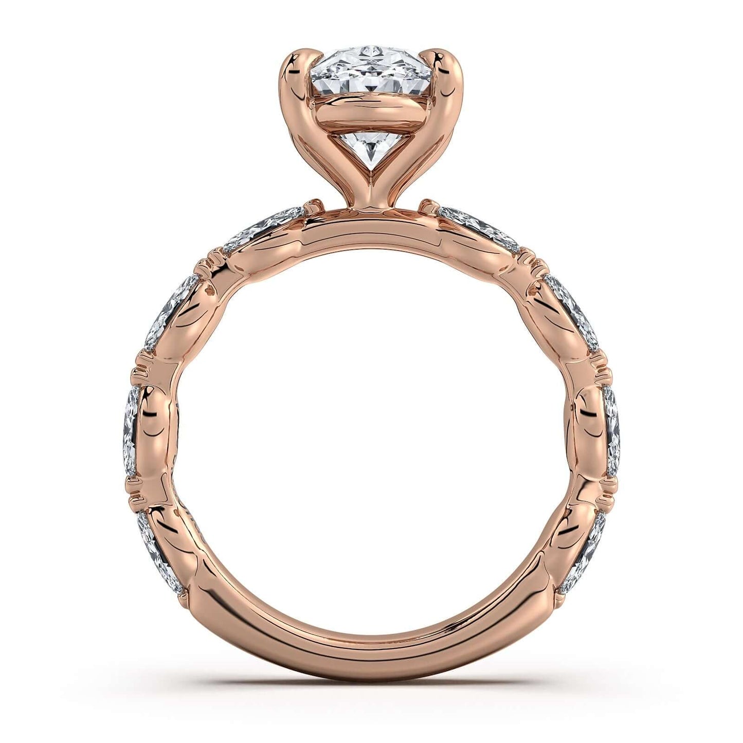 Rose Gold Oval Diamond Engagement Ring with Marquise Side Stone Band | Waco Diamonds Is Located In Waco, TX | Central Texas' #1 Engagement Ring Store With Lifetime Warranty