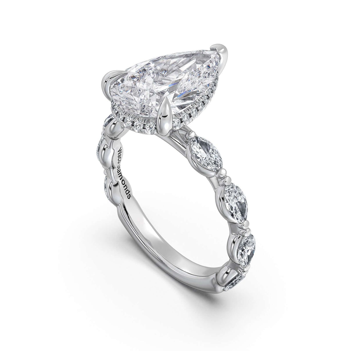 White Gold Pear Diamond Engagement Ring with Marquise Side Stone Band | Waco Diamonds Is Located In Waco, TX | Central Texas' #1 Engagement Ring Store With Lifetime Warranty