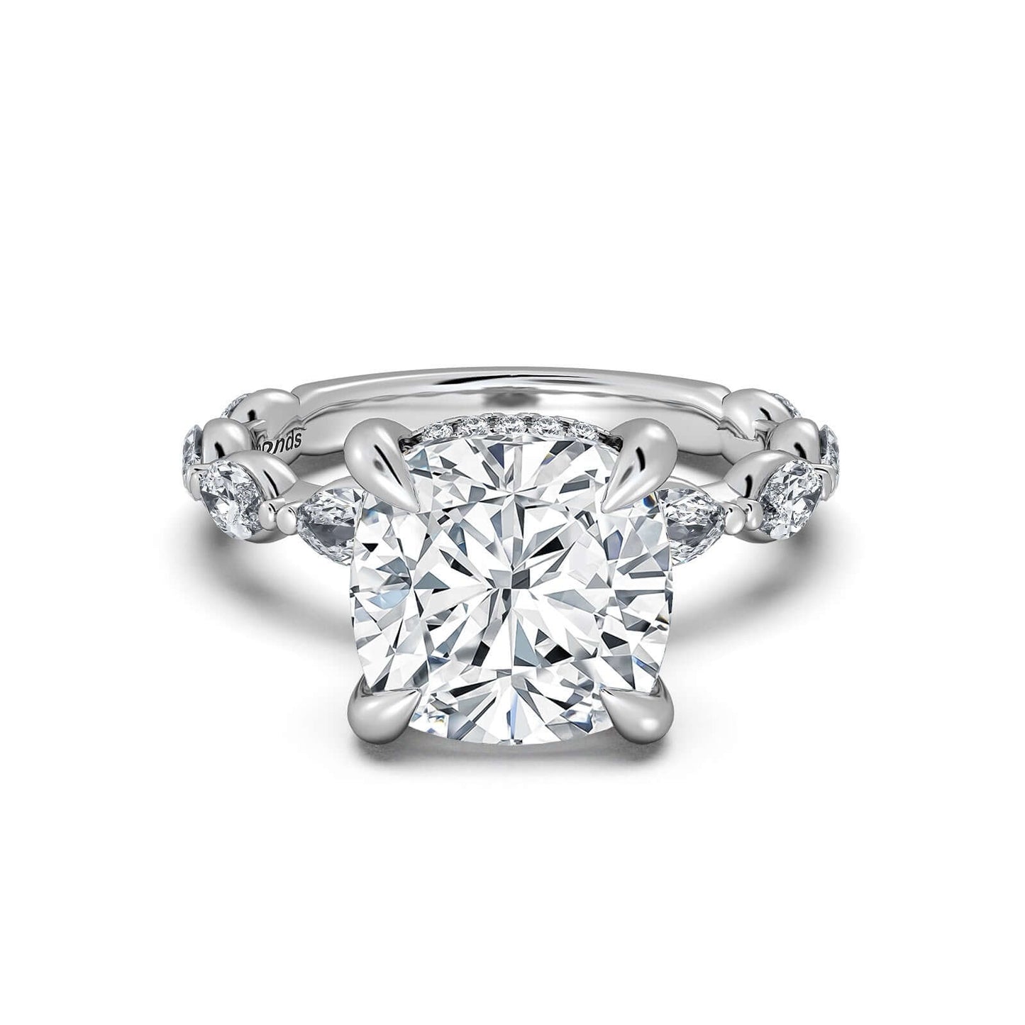 White Gold Cushion Diamond Engagement Ring with Marquise Side Stone Band | Waco Diamonds Is Located In Waco, TX | Central Texas' #1 Engagement Ring Store With Lifetime Warranty