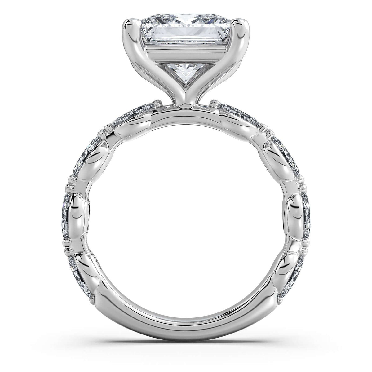 White Gold Princess Diamond Engagement Ring with Marquise Side Stone Band Profile View | Waco Diamonds Is Located In Waco, TX | Central Texas' #1 Engagement Ring Store With Lifetime Warranty